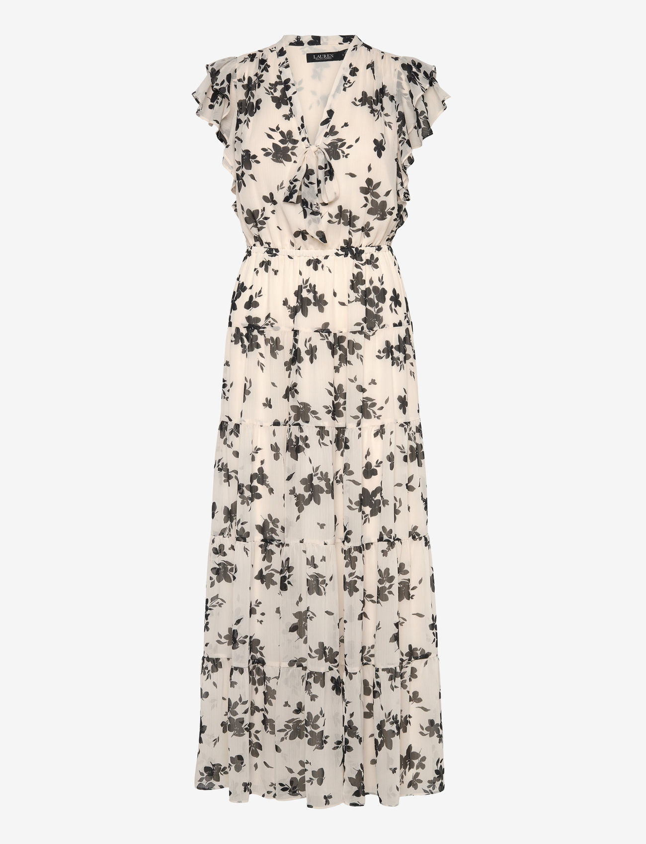 Lauren Ralph Lauren - Floral Georgette Tie-Neck Maxidress - maxiklänningar - cream/black - 0