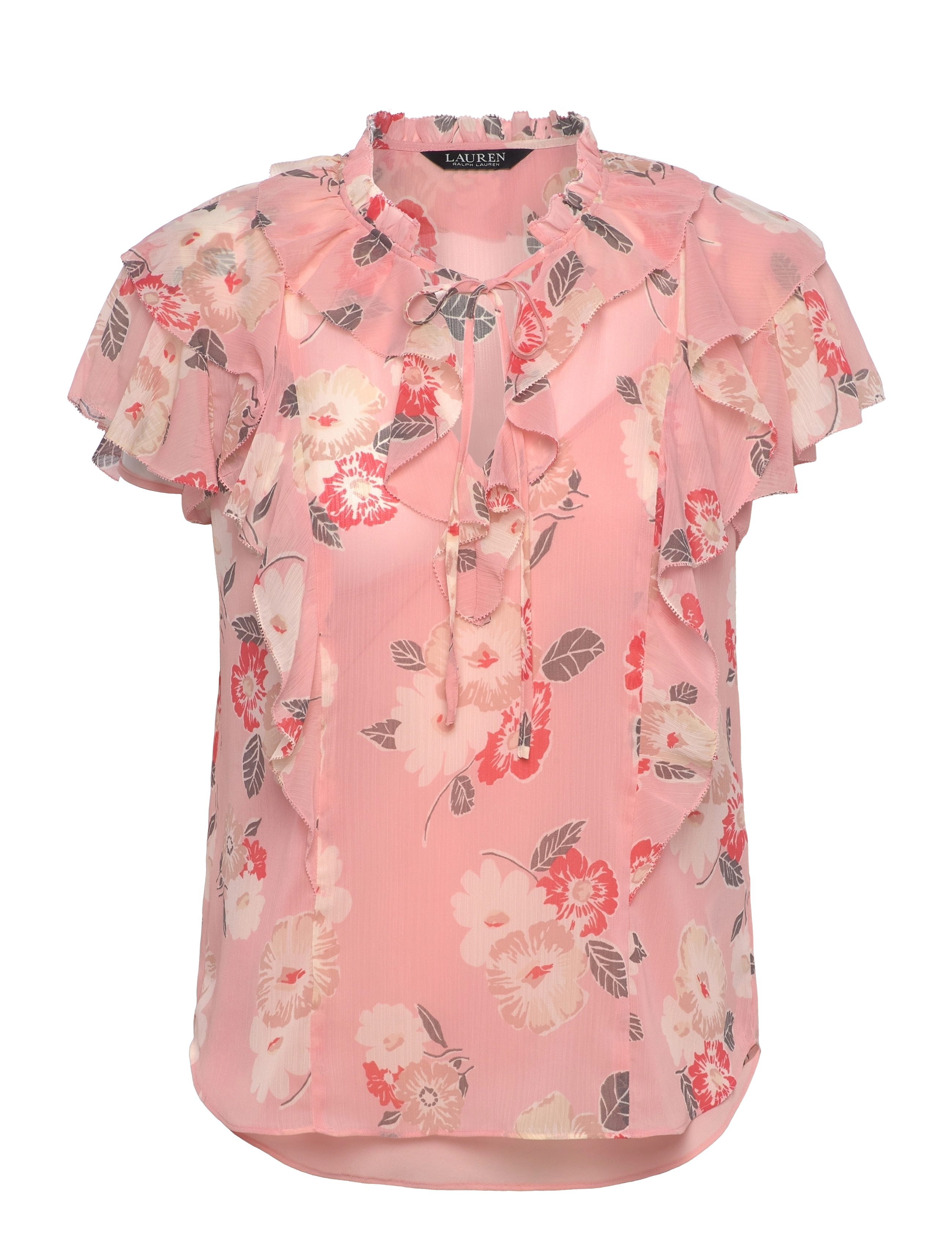Lauren Ralph Lauren - Floral Ruffle-Trim Georgette Blouse - stutterma blússur - pink multi - 0