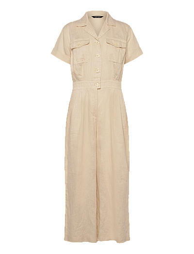 Embroidered Linen Short-Sleeve Jumpsuit