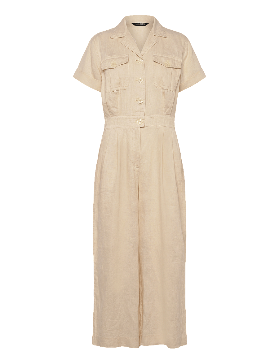 Lauren Ralph Lauren - Embroidered Linen Short-Sleeve Jumpsuit - ivory beige - 0