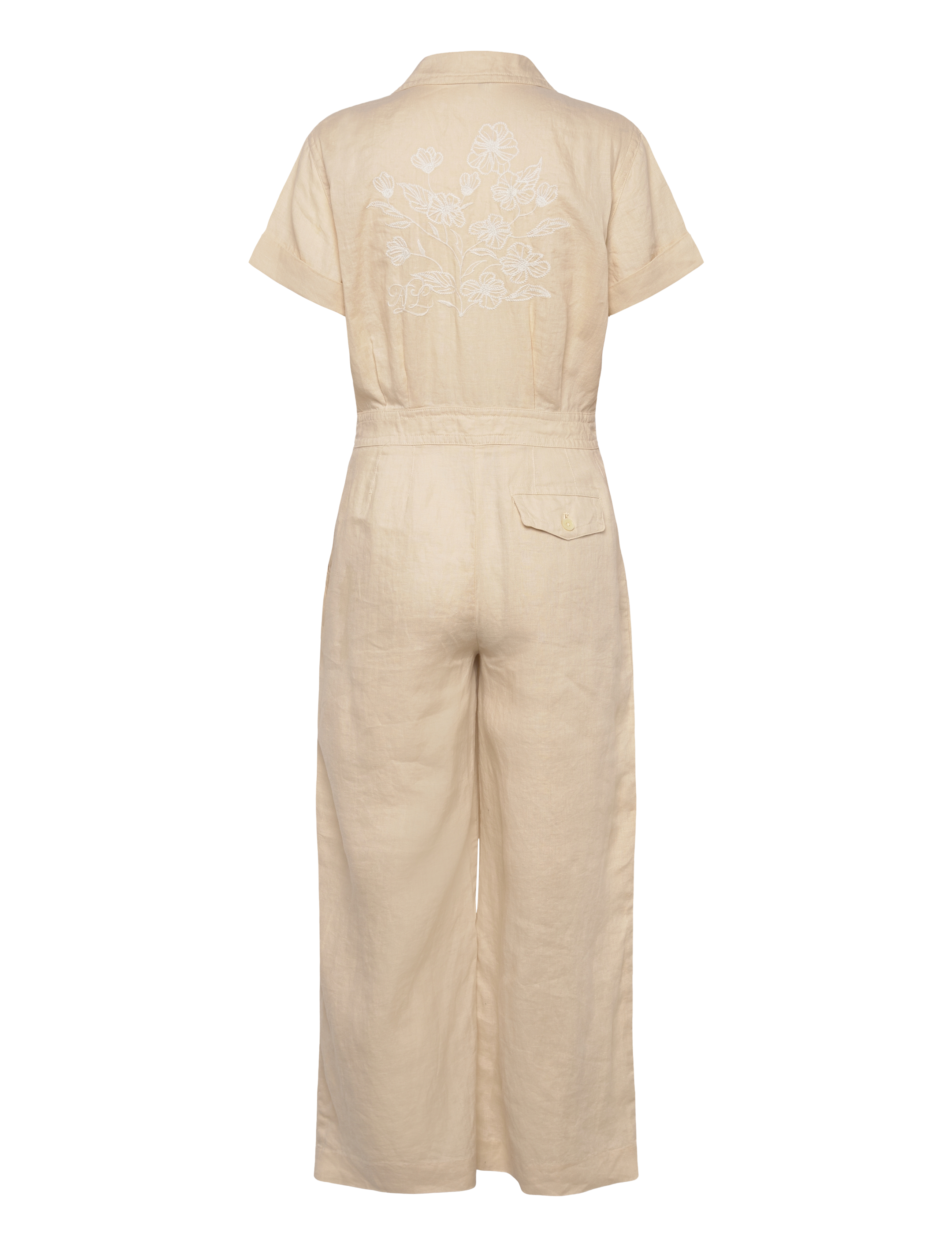 Lauren Ralph Lauren - Embroidered Linen Short-Sleeve Jumpsuit - ivory beige - 1