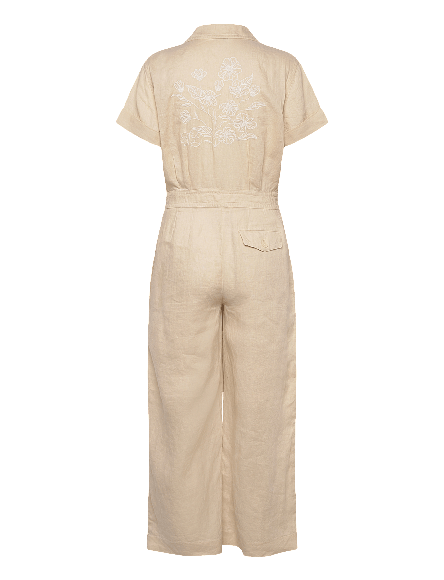 Lauren Ralph Lauren - Embroidered Linen Short-Sleeve Jumpsuit - ivory beige - 1