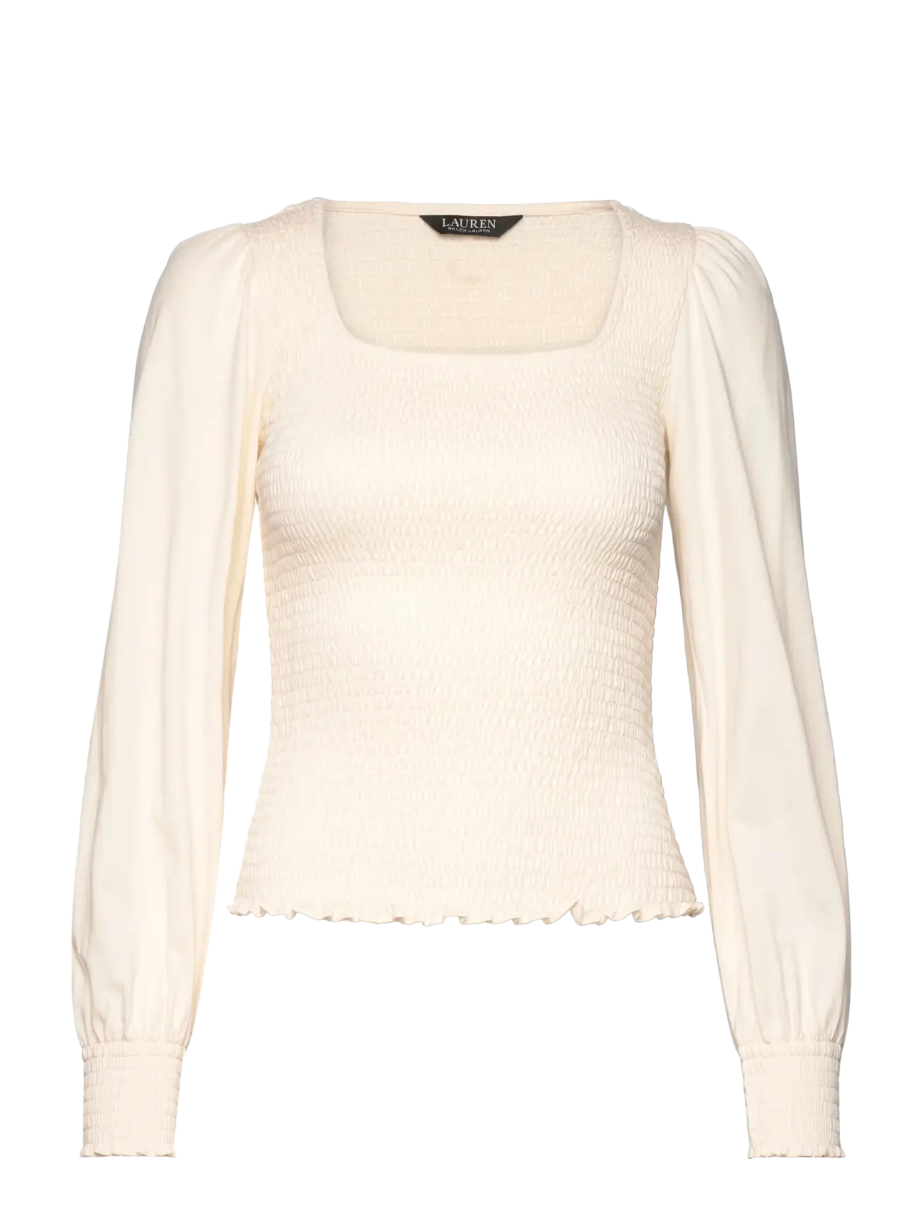 Lauren Ralph Lauren Smocked Jersey Blouson-Sleeve Top, Kvinder, Smock Top med Ballonærmer, Cream, Str: XL