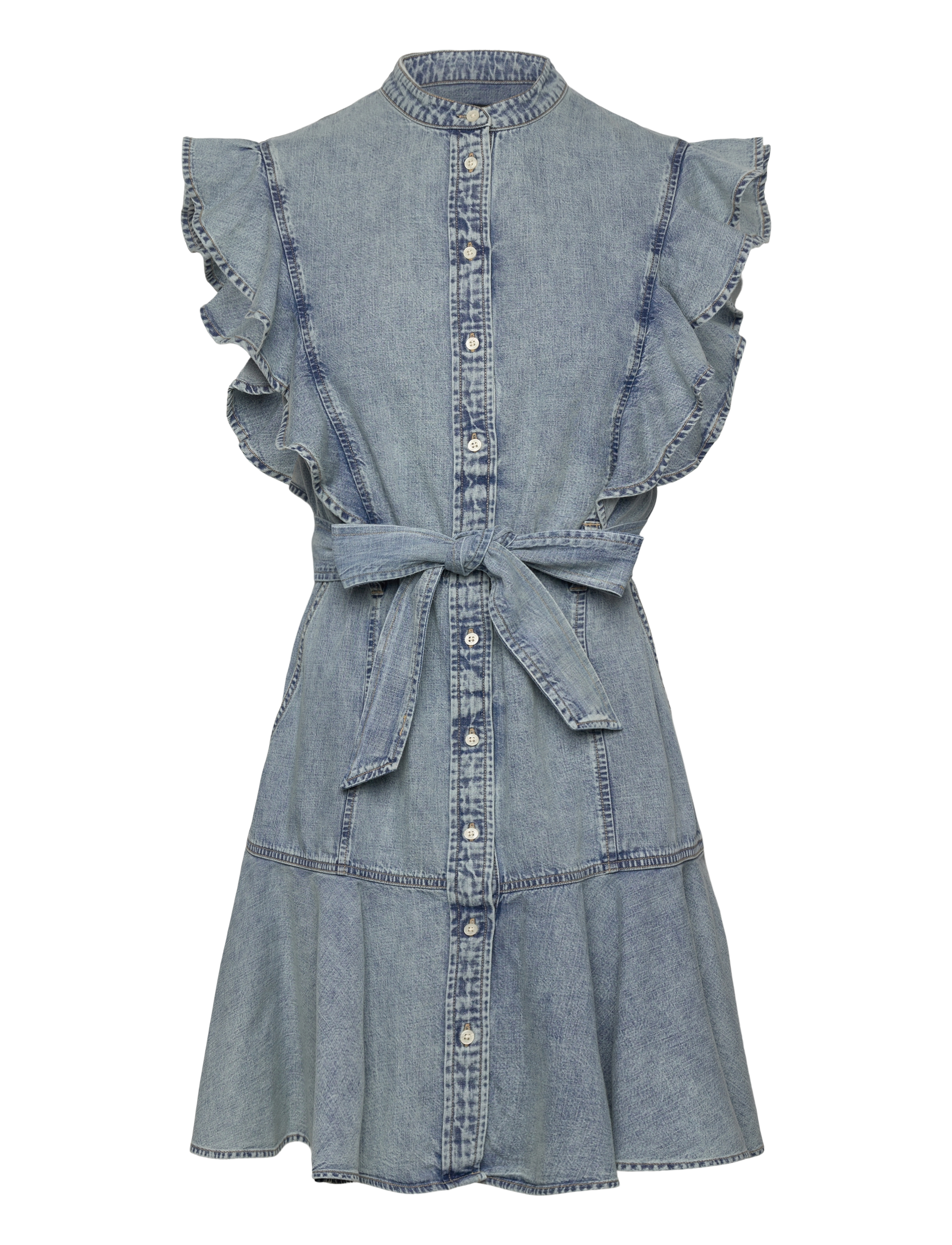 LAUREN RALPH LAUREN Belted Denim Flutter-Sleeve Shirtdress Blau - 44 - Damen