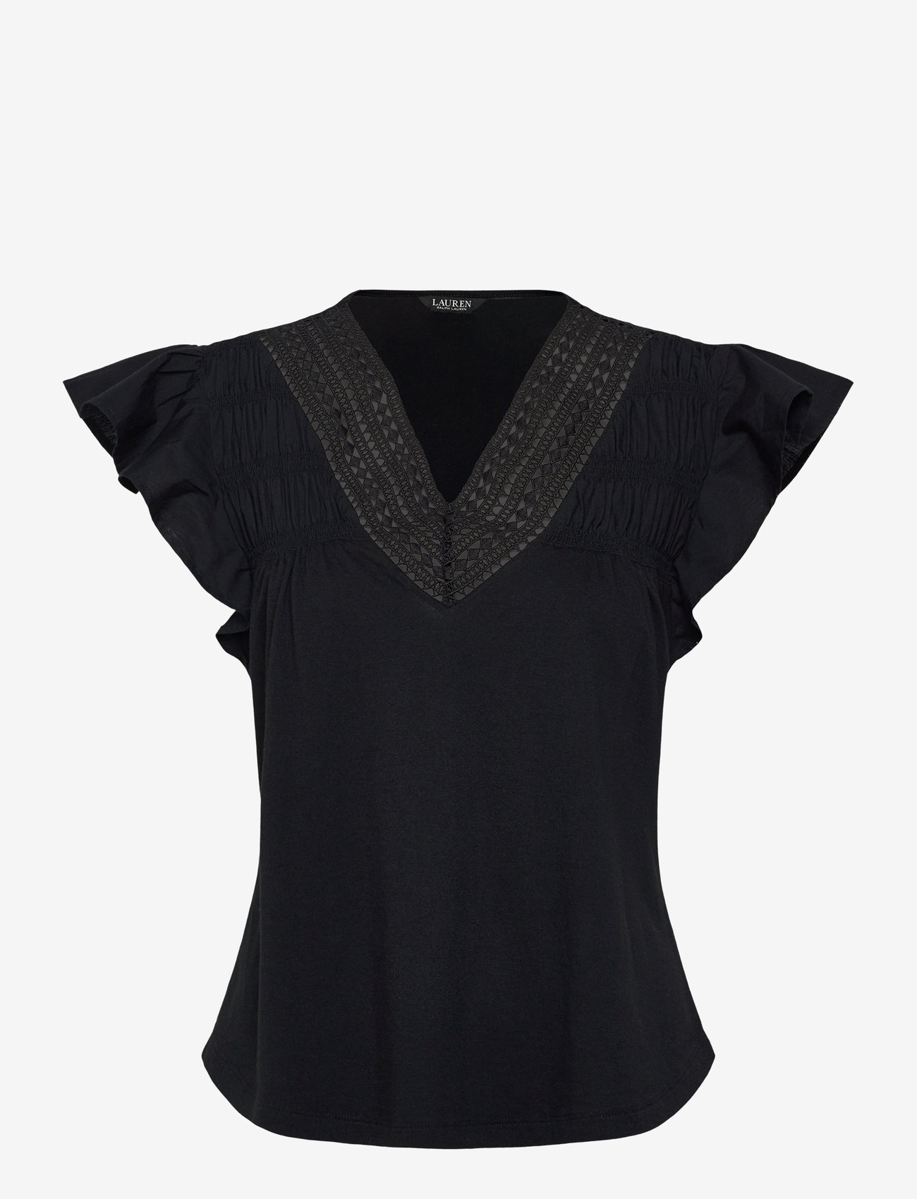 Lauren Ralph Lauren - Lace-Trim Jersey Flutter-Sleeve Tee - Ärmellose blusen - black - 0