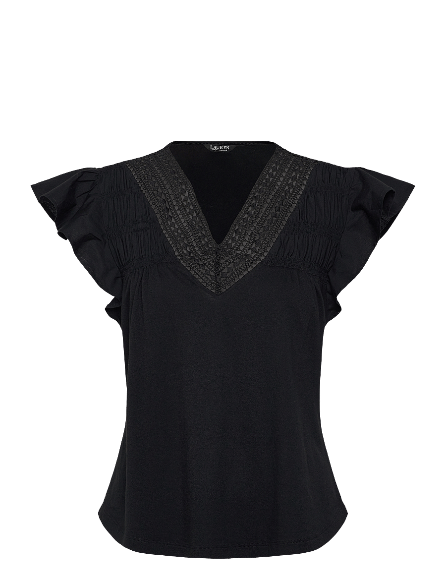 Lauren Ralph Lauren - Lace-Trim Jersey Flutter-Sleeve Tee - varrukateta pluusid - black - 0