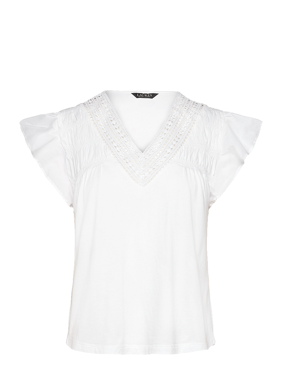 Lauren Ralph Lauren - Lace-Trim Jersey Flutter-Sleeve Tee - sleeveless blouses - white - 0