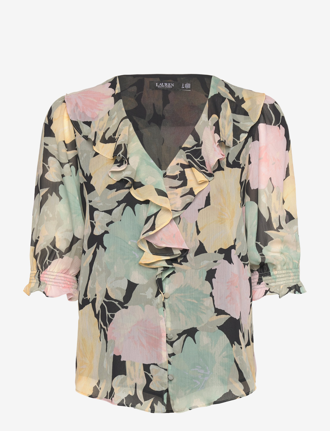 Lauren Ralph Lauren - Floral Georgette Ruffle-Trim Blouse - kurzämlige blusen - black/pink/green - 0