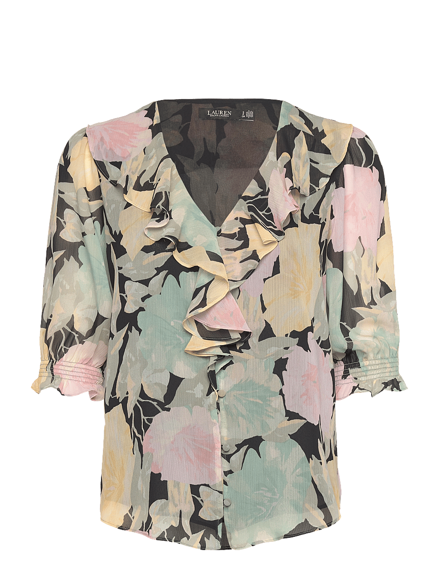 Lauren Ralph Lauren - Floral Georgette Ruffle-Trim Blouse - kurzämlige blusen - black/pink/green - 0