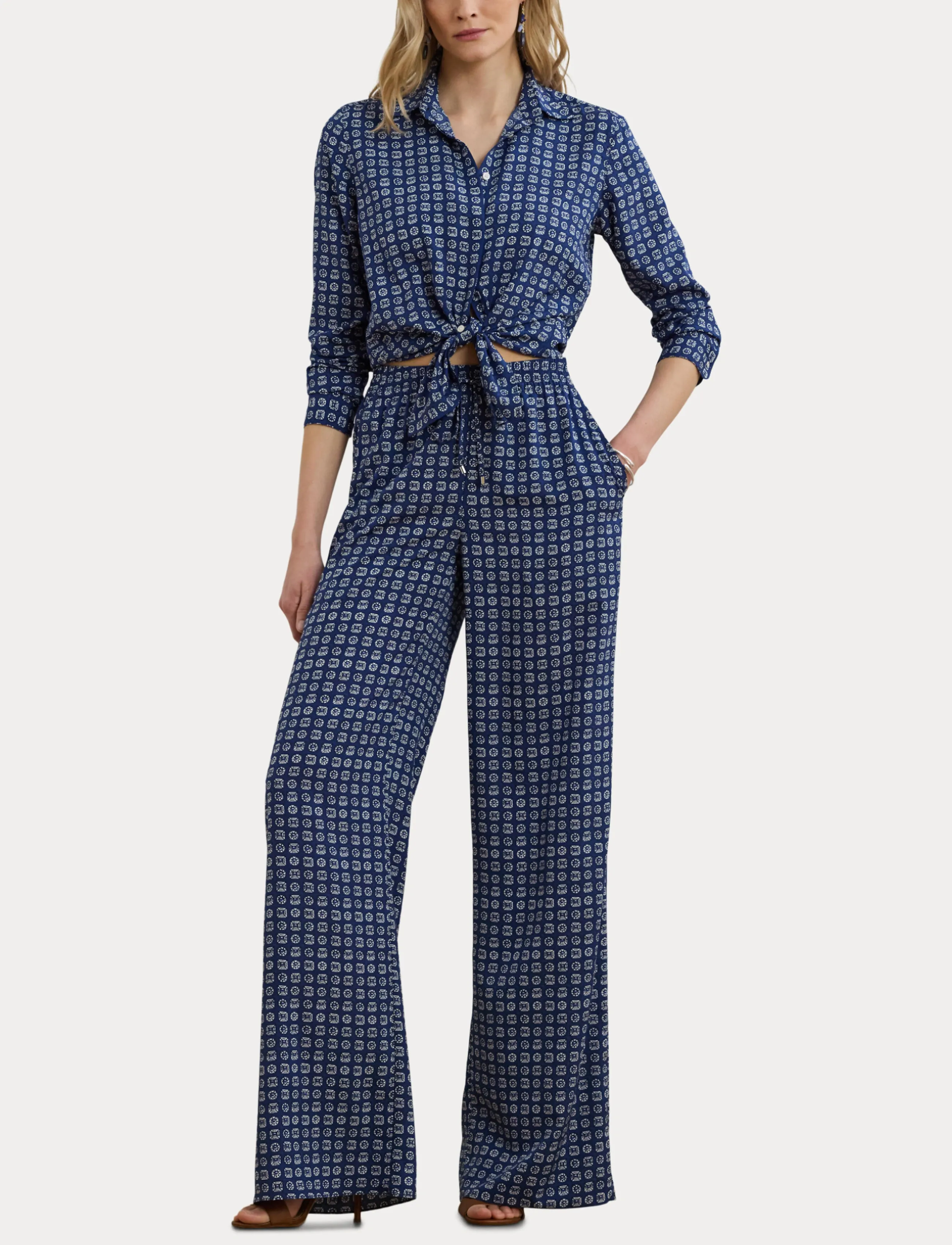 Lauren Ralph Lauren - Geo-Print Crepe Wide-Leg Pant - blue/white - 5