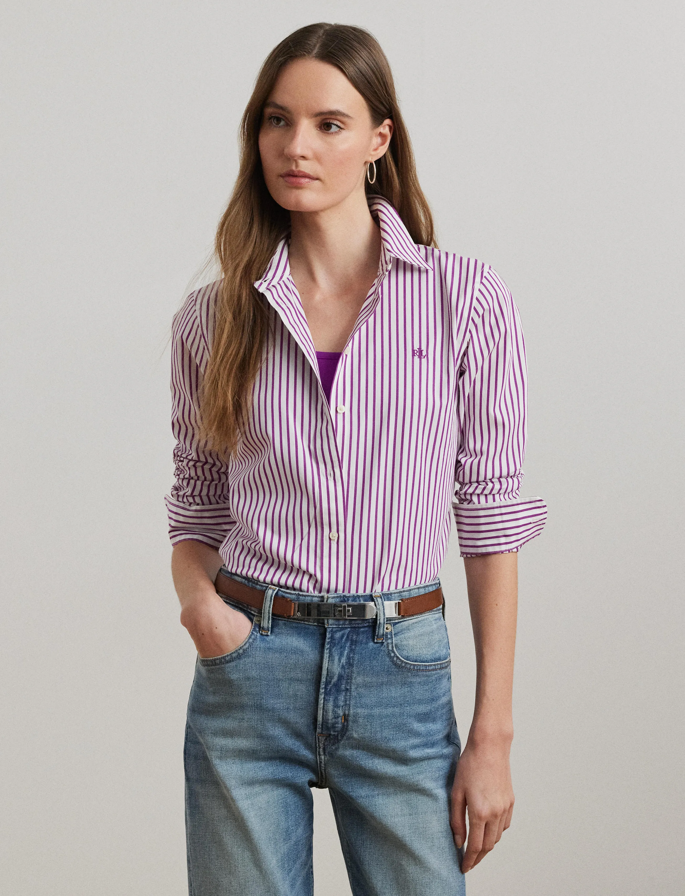 Lauren Ralph Lauren - Classic Fit Striped Broadcloth Shirt - dk purple/white - 4