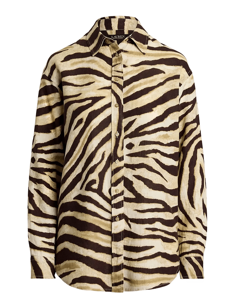 Lauren Ralph Lauren - Relaxed Fit Zebra-Print Linen Shirt - koszule z długimi rękawami - cream/brown - 1