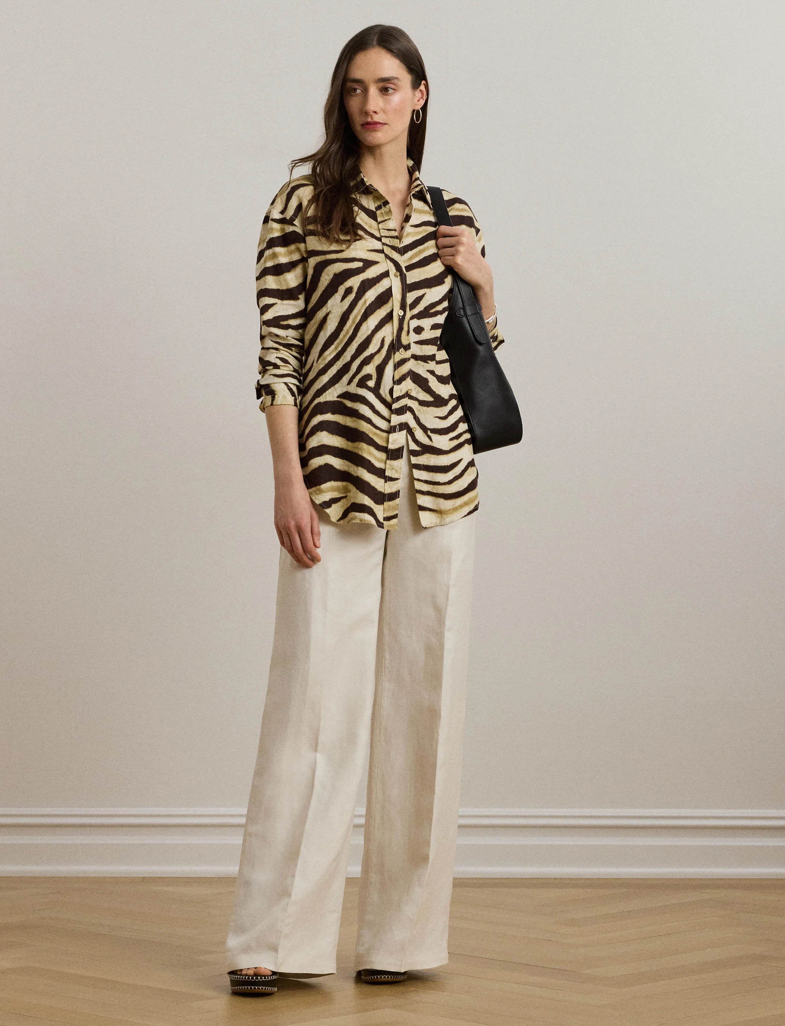 Lauren Ralph Relaxed Fit Zebra-Print Linen Shirt, M, Shirts, Creme - Long-sleeved, Frauen