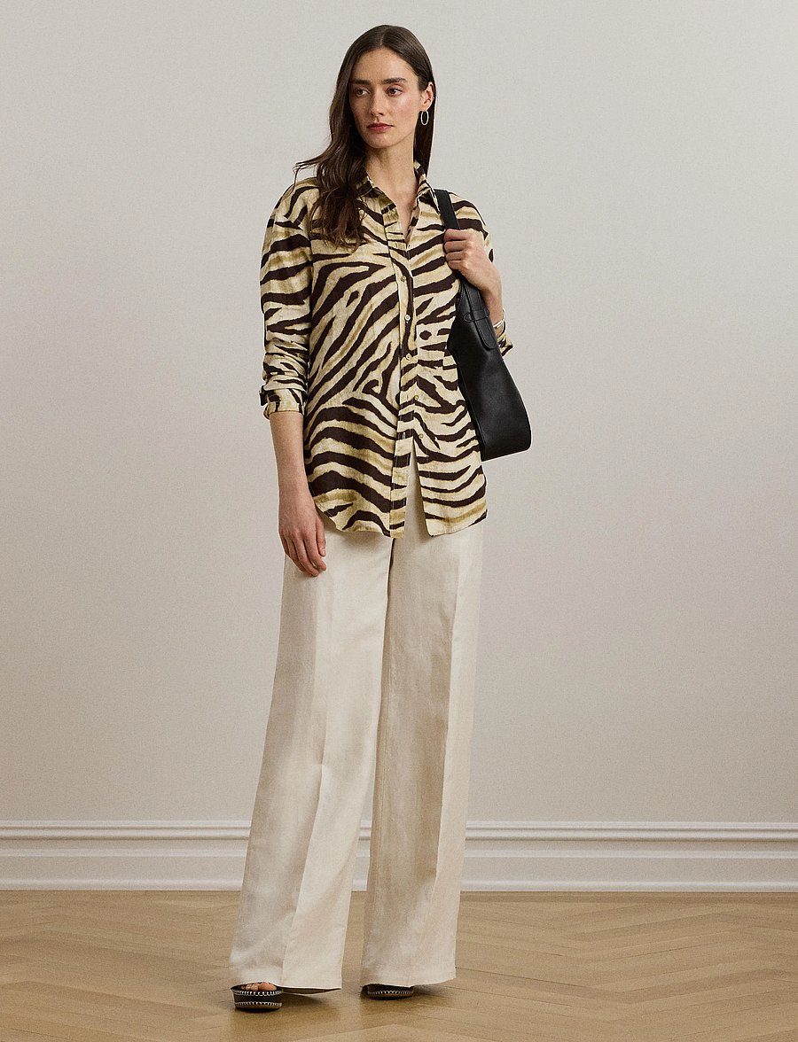 Lauren Ralph Lauren - Relaxed Fit Zebra-Print Linen Shirt - koszule z długimi rękawami - cream/brown - 0