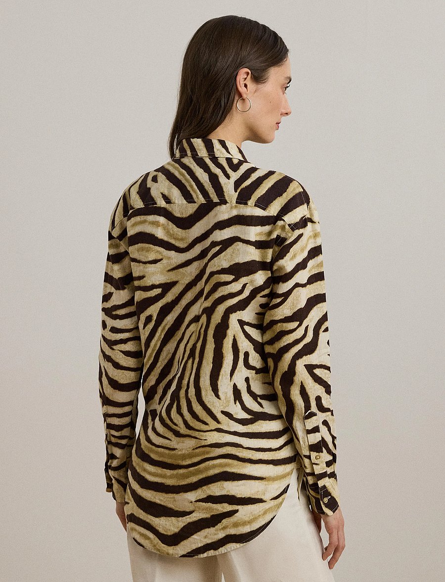 Lauren Ralph Lauren - Relaxed Fit Zebra-Print Linen Shirt - koszule z długimi rękawami - cream/brown - 2