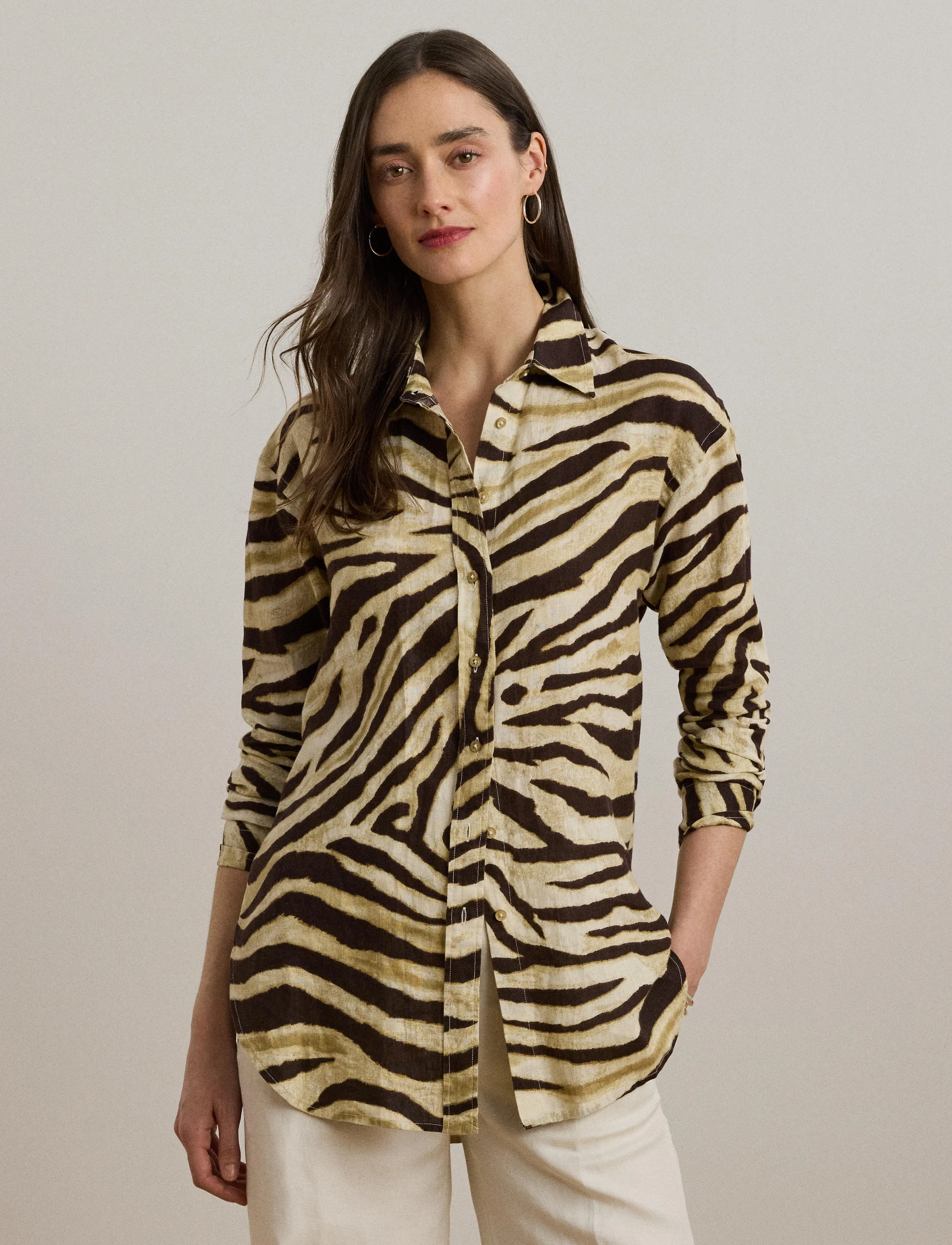 Lauren Ralph Lauren - Relaxed Fit Zebra-Print Linen Shirt - langärmlige hemden - cream/brown - 3