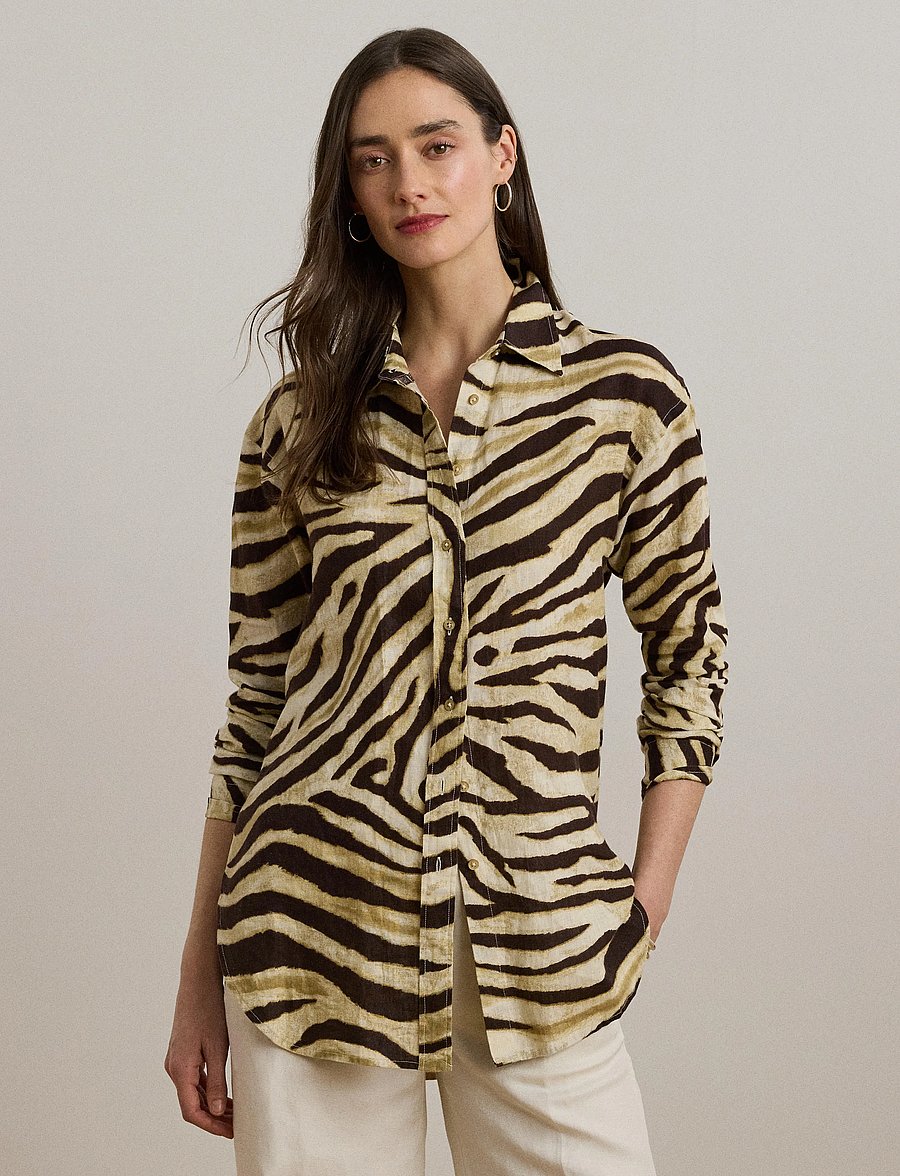Lauren Ralph Lauren - Relaxed Fit Zebra-Print Linen Shirt - koszule z długimi rękawami - cream/brown - 3