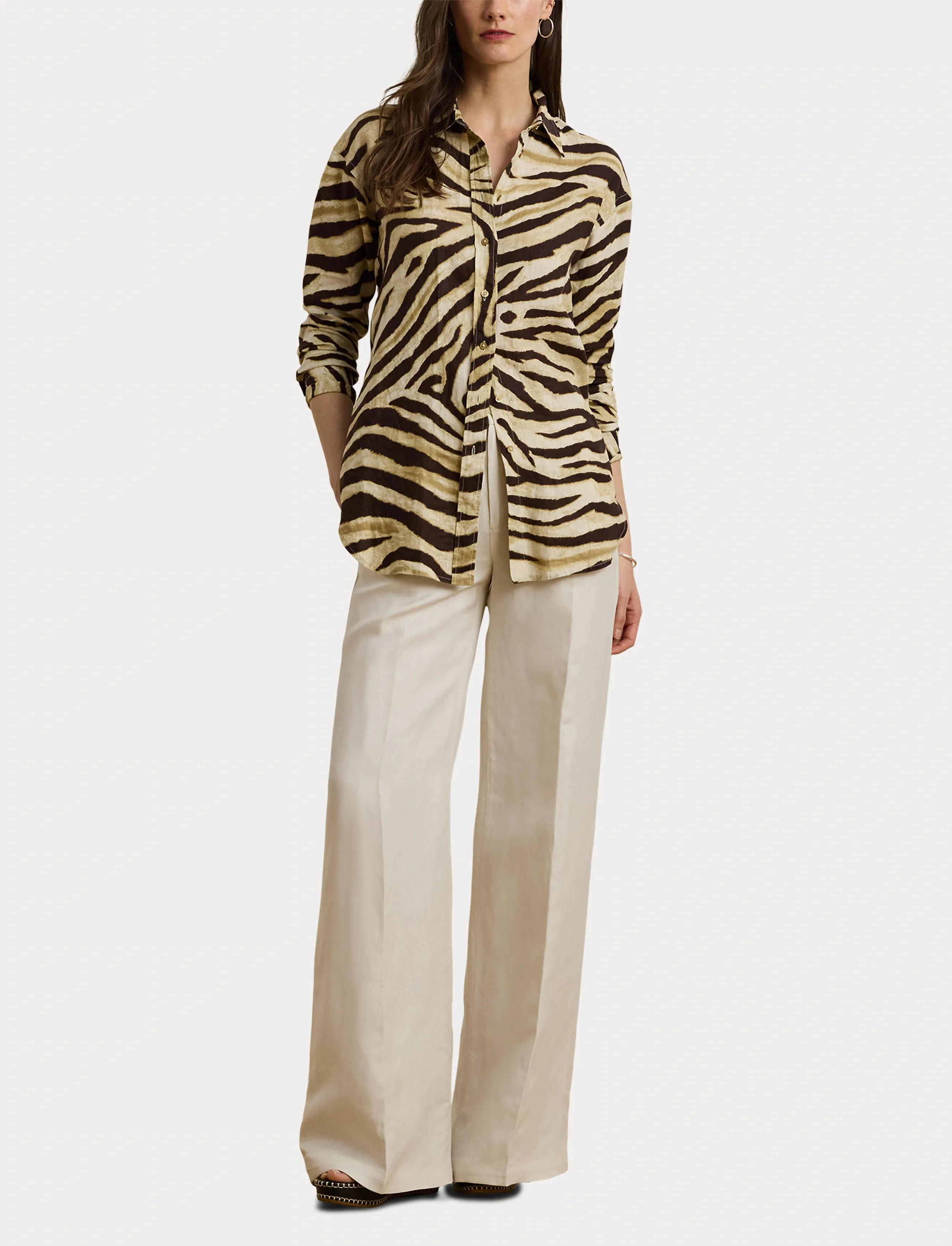 Lauren Ralph Lauren - Relaxed Fit Zebra-Print Linen Shirt - langärmlige hemden - cream/brown - 4