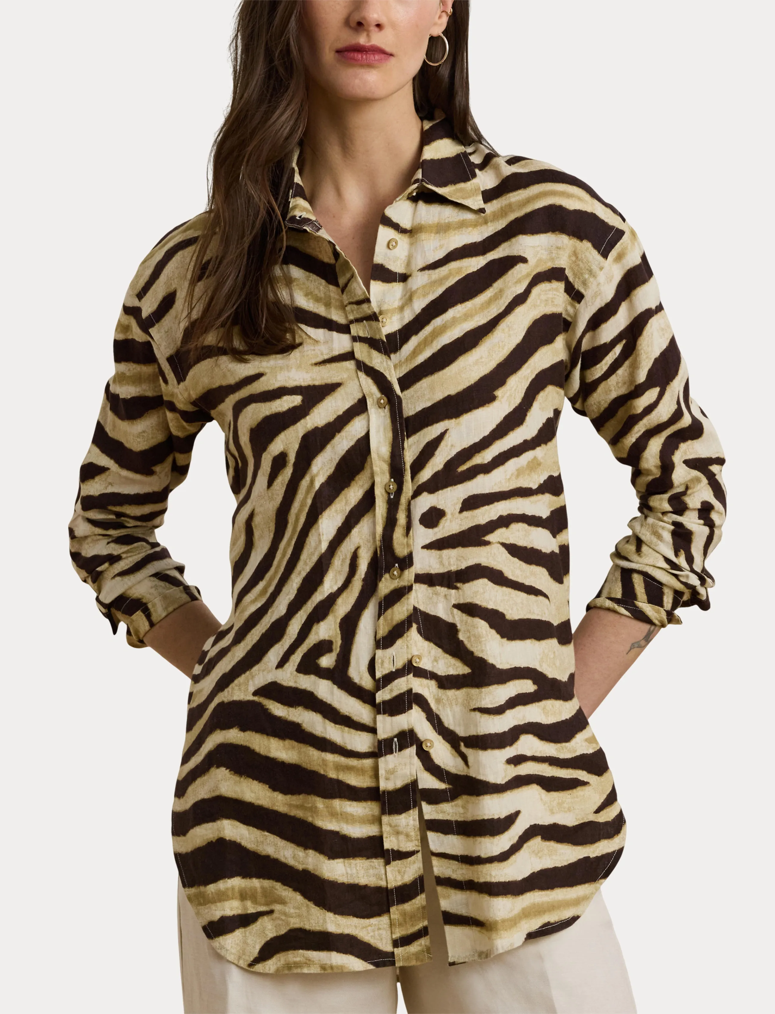 Lauren Ralph Lauren - Relaxed Fit Zebra-Print Linen Shirt - langärmlige hemden - cream/brown - 5