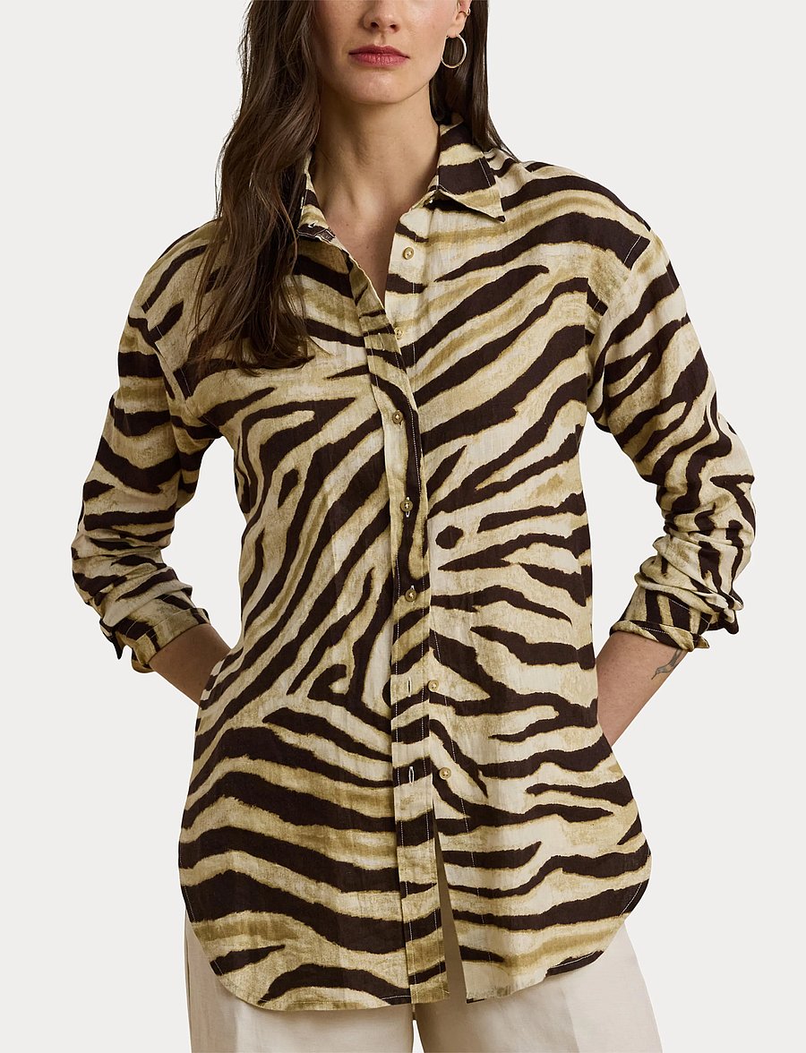Lauren Ralph Lauren - Relaxed Fit Zebra-Print Linen Shirt - koszule z długimi rękawami - cream/brown - 5