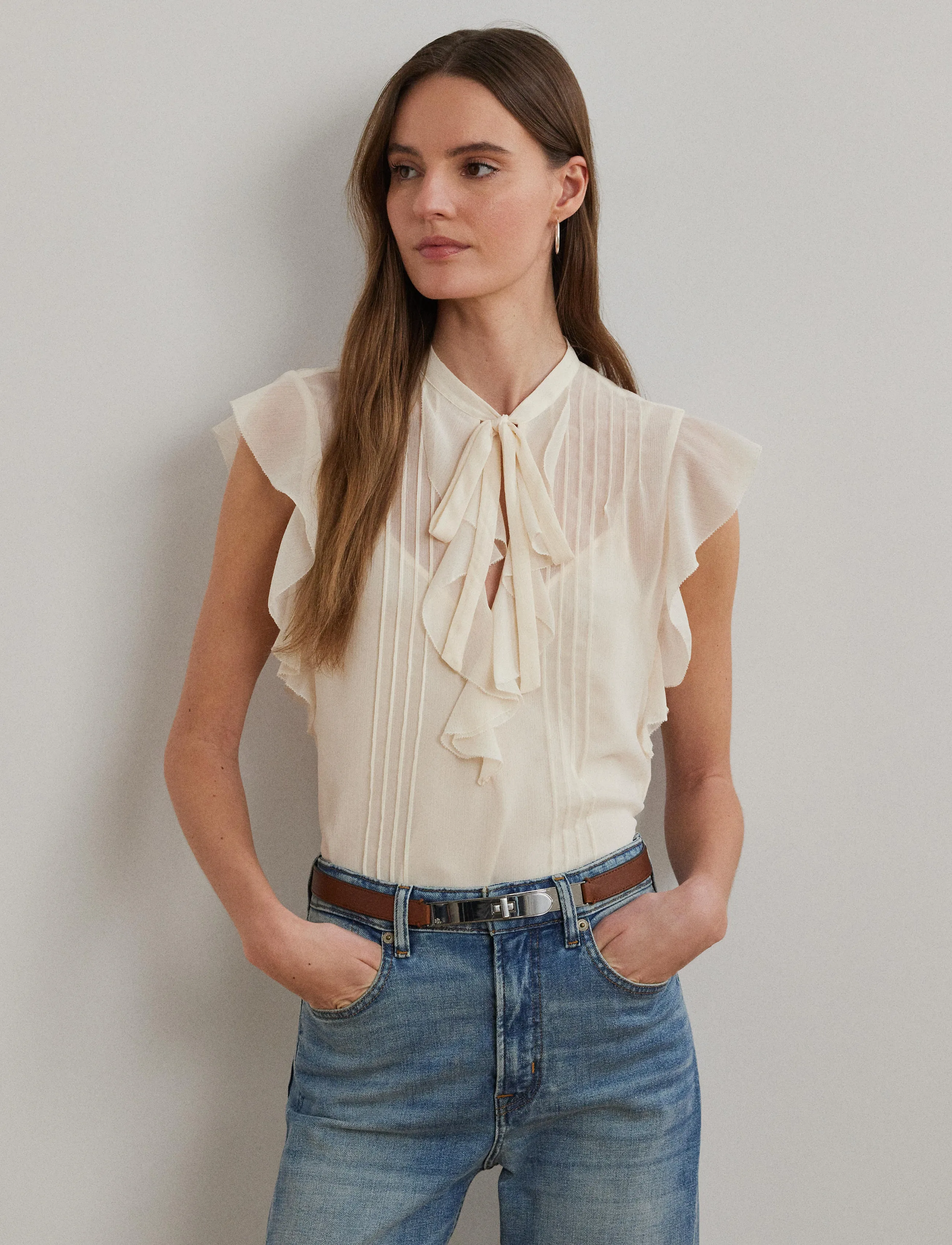 Lauren Ralph Lauren - Pintucked Georgette Tie-Neck Blouse - mascarpone cream - 3