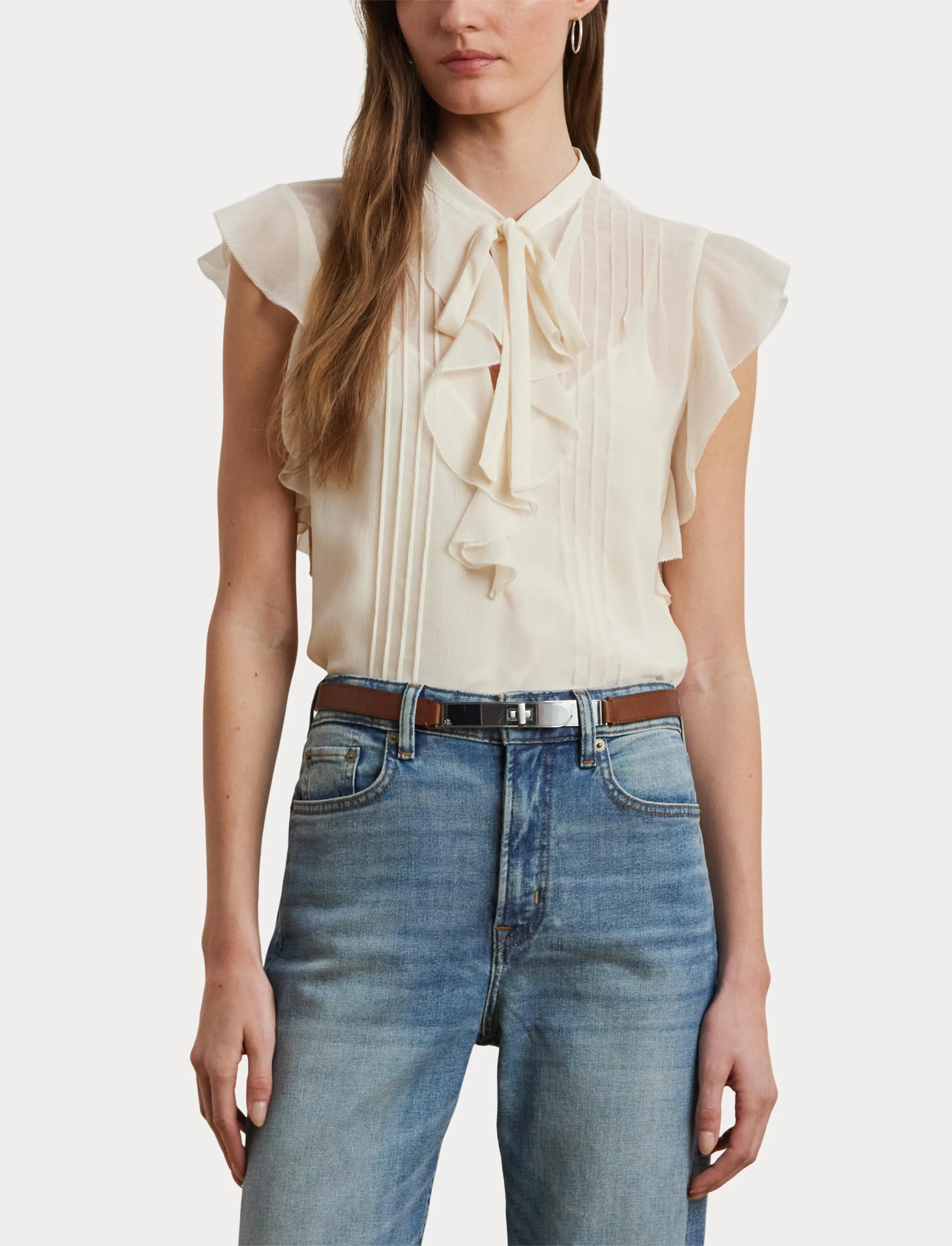 Lauren Ralph Lauren - Pintucked Georgette Tie-Neck Blouse - mascarpone cream - 5