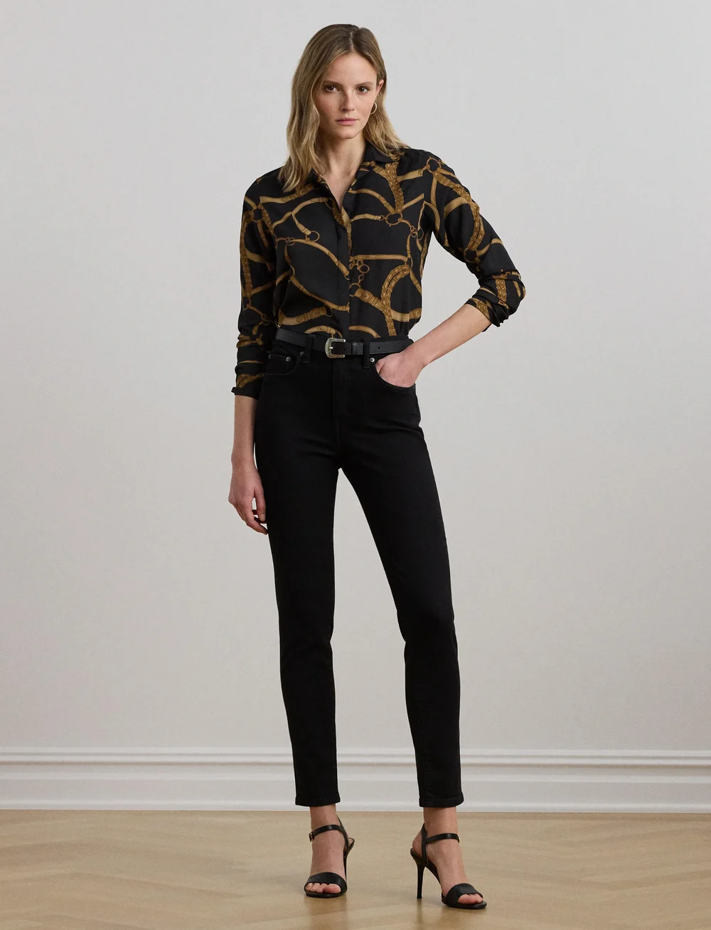 Lauren Ralph Lauren - Classic Fit Belting-Print Crepe Shirt - jeansskjortor - black/tan - 0