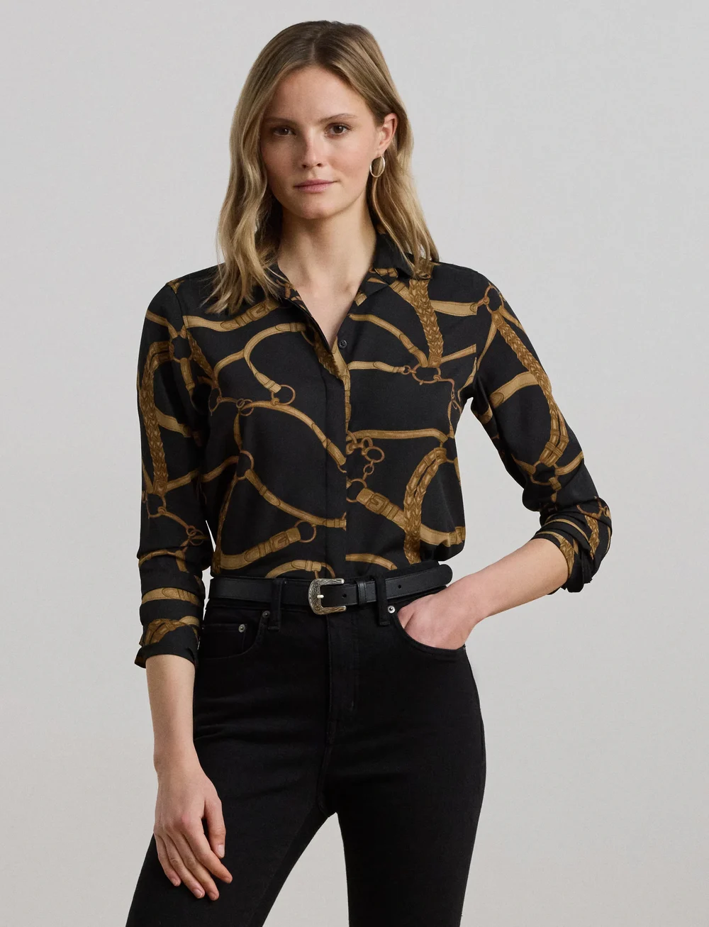 Lauren Ralph Lauren - Classic Fit Belting-Print Crepe Shirt - jeansskjortor - black/tan - 3