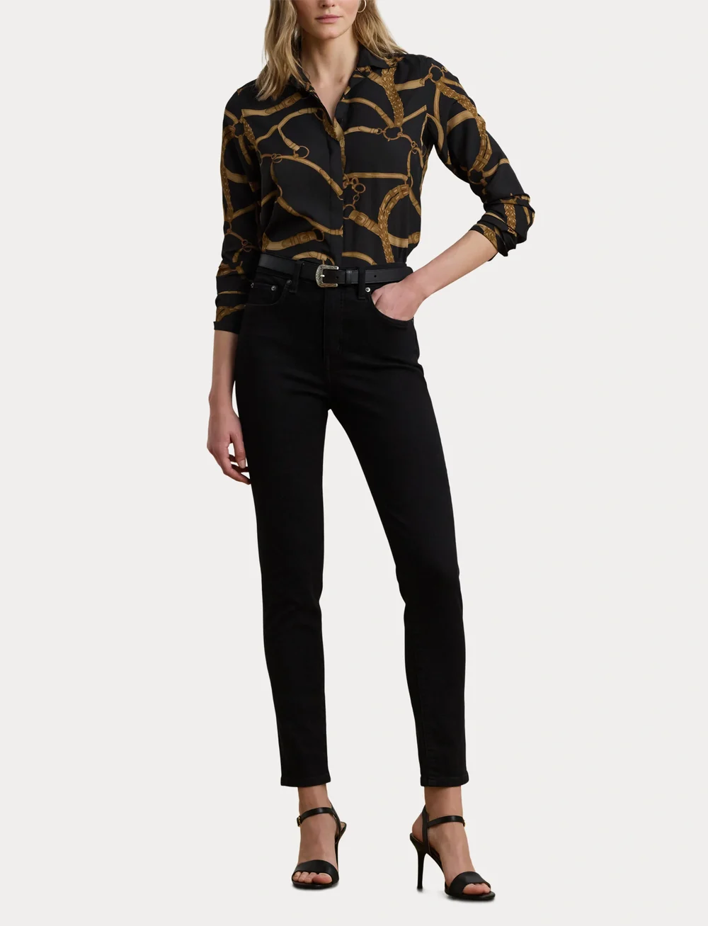Lauren Ralph Lauren - Classic Fit Belting-Print Crepe Shirt - jeansskjortor - black/tan - 4