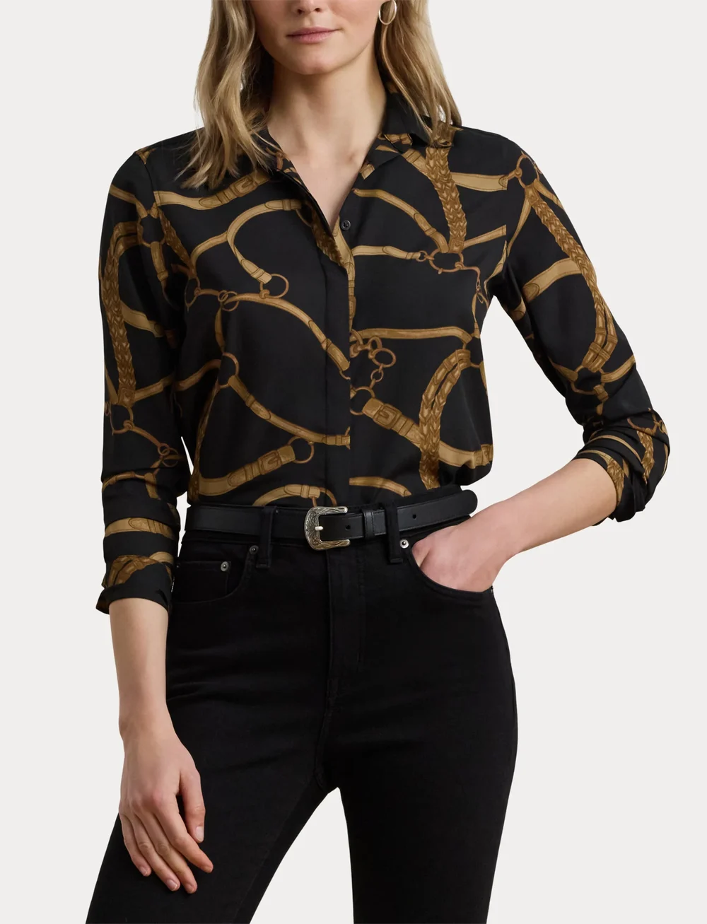 Lauren Ralph Lauren - Classic Fit Belting-Print Crepe Shirt - jeansskjortor - black/tan - 5