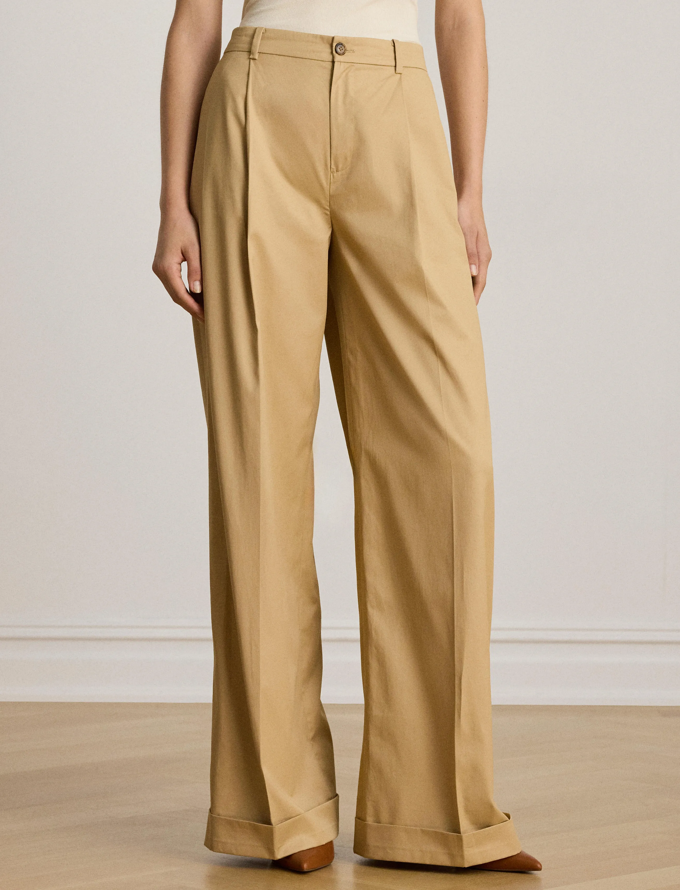 Lauren Ralph Lauren Pleated Cotton Twill Wide-Leg Pant, 36, Beige, Bukser > Chinos, Dame