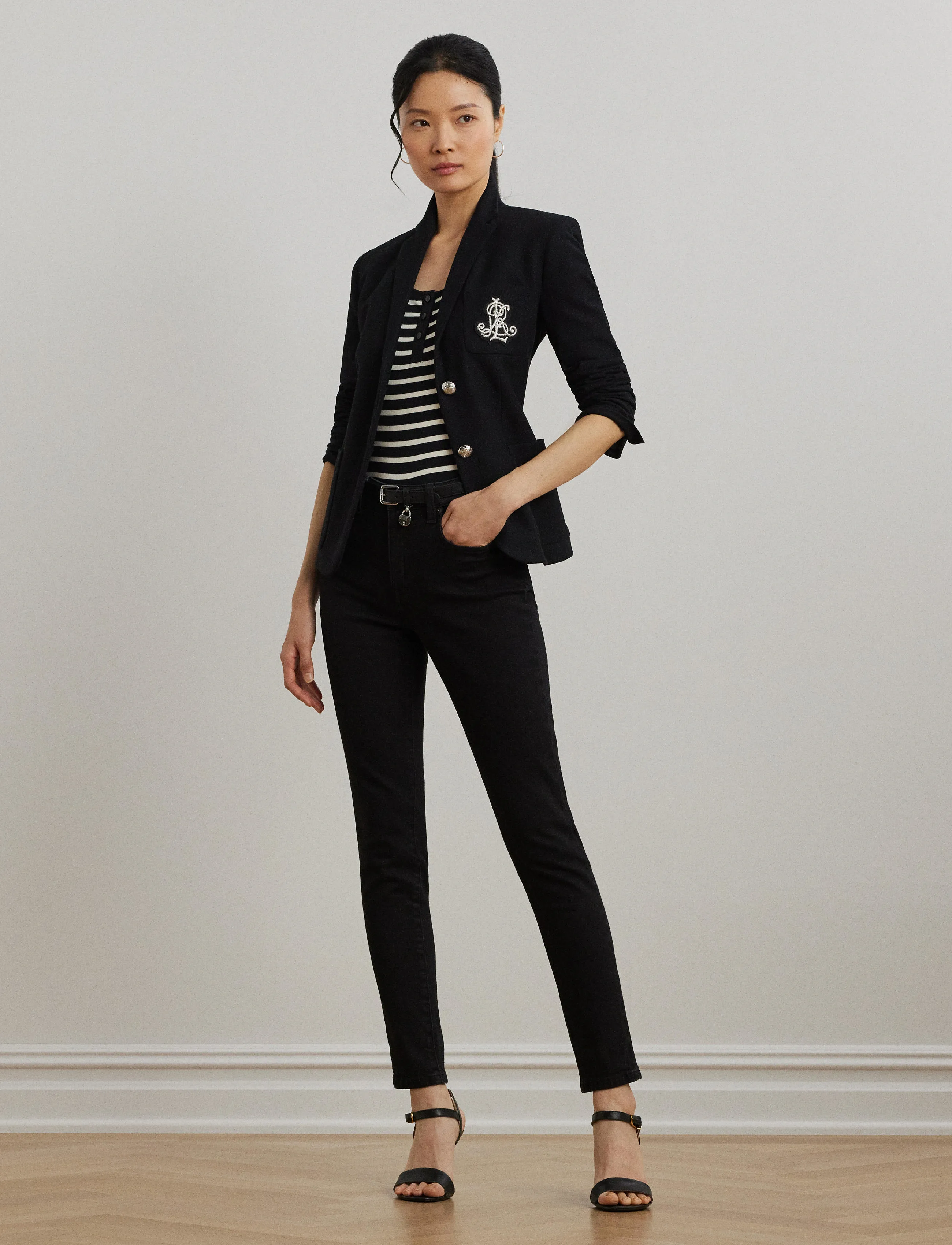 Striped Elbow-Sleeve Henley Top - BLACK/MASCARPONE