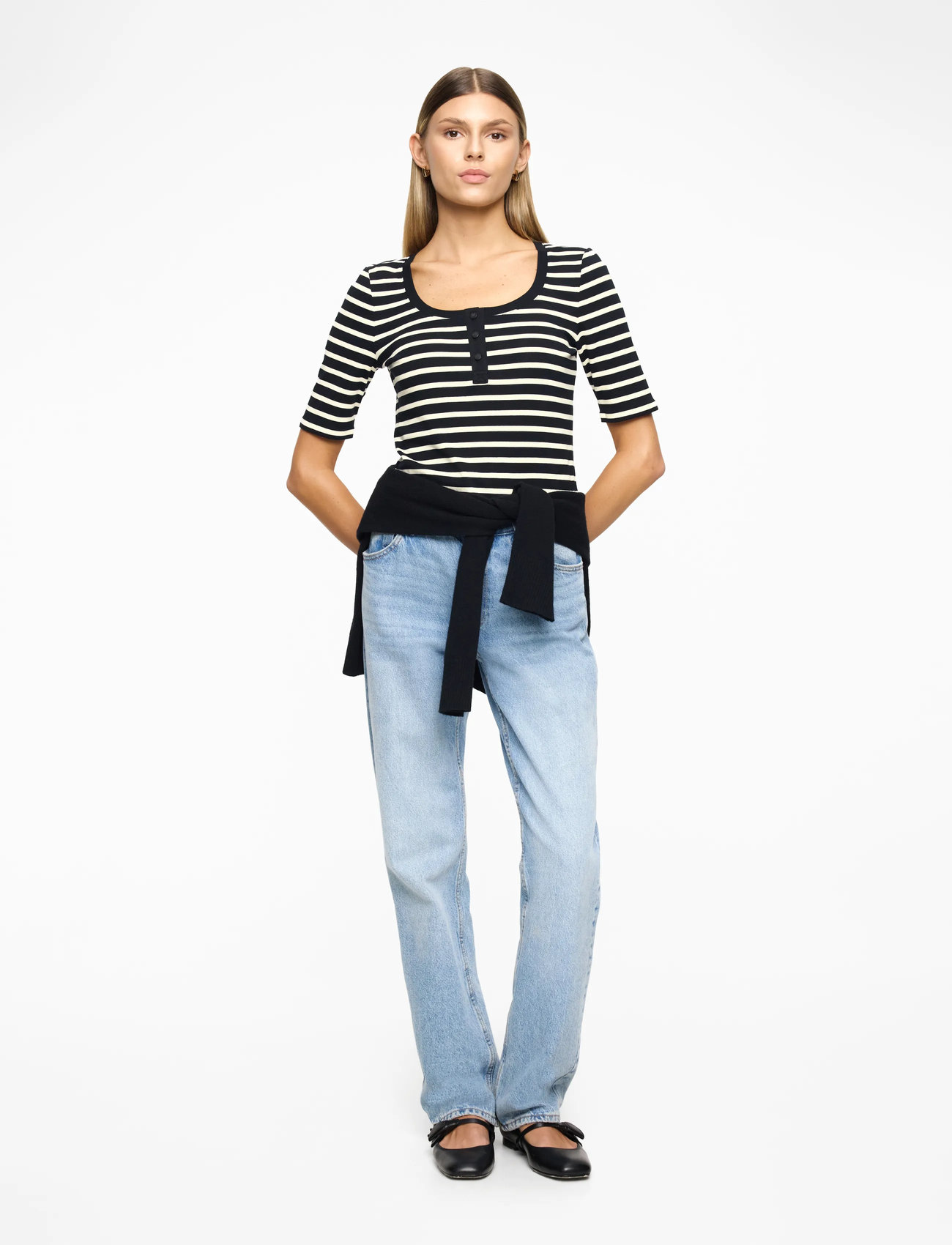 Lauren Ralph Lauren - Striped Elbow-Sleeve Henley Top - t-shirts - black/mascarpone - 3