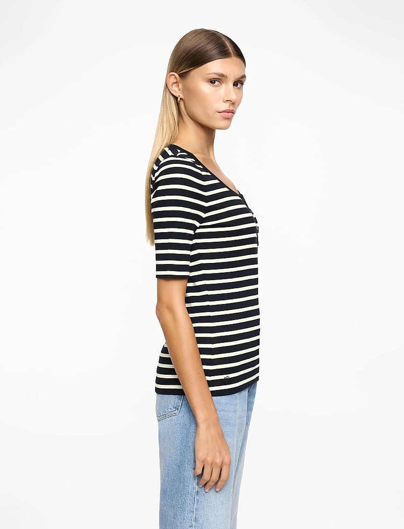 Lauren Ralph Lauren - Striped Elbow-Sleeve Henley Top - t-shirts - black/mascarpone - 4