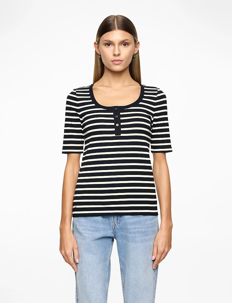 Lauren Ralph Lauren - Striped Elbow-Sleeve Henley Top - t-shirts - black/mascarpone - 0