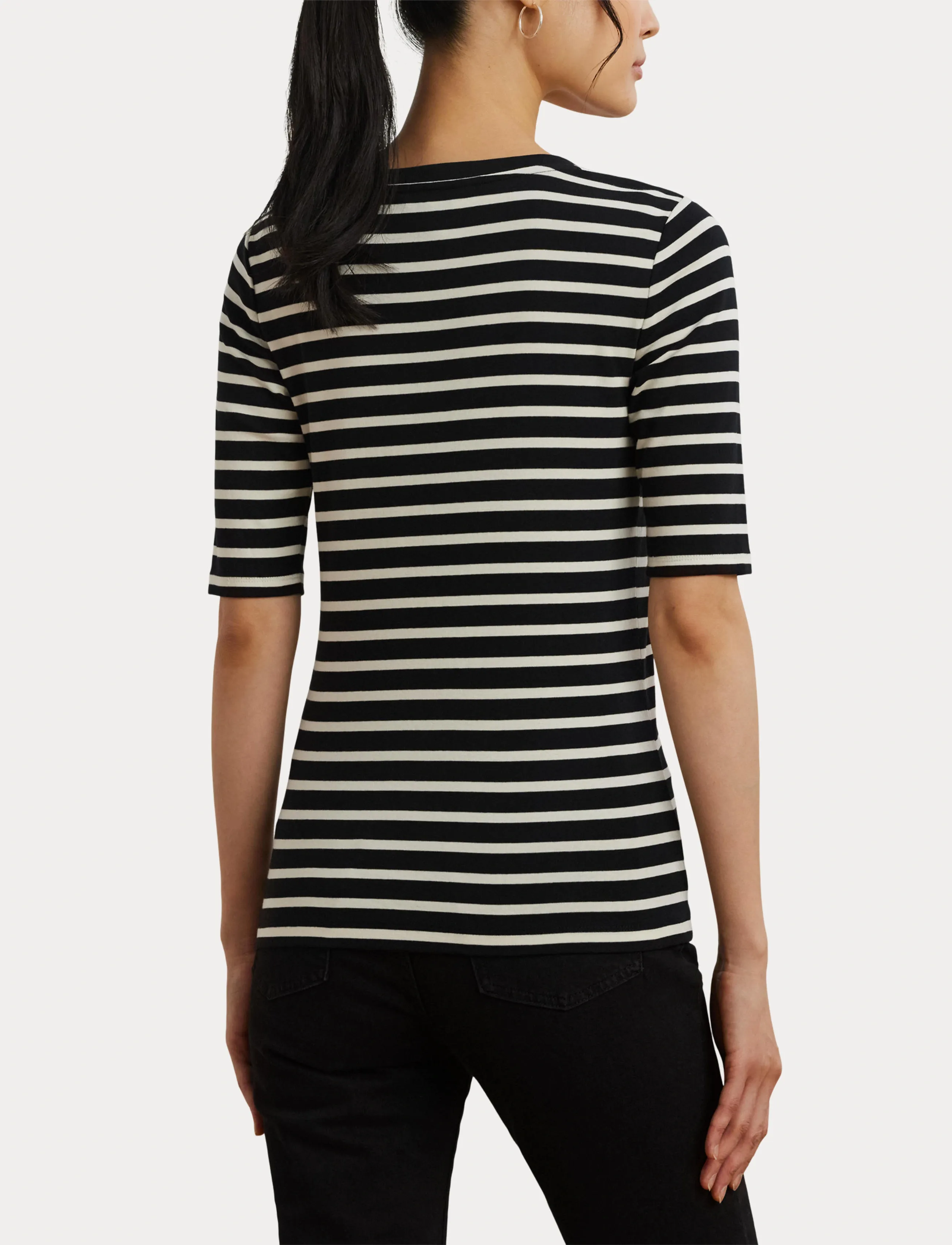 Lauren Ralph Lauren Striped Elbow-Sleeve Henley Top - Lauren Ralph Lauren - BLACK/MASCARPONE / black