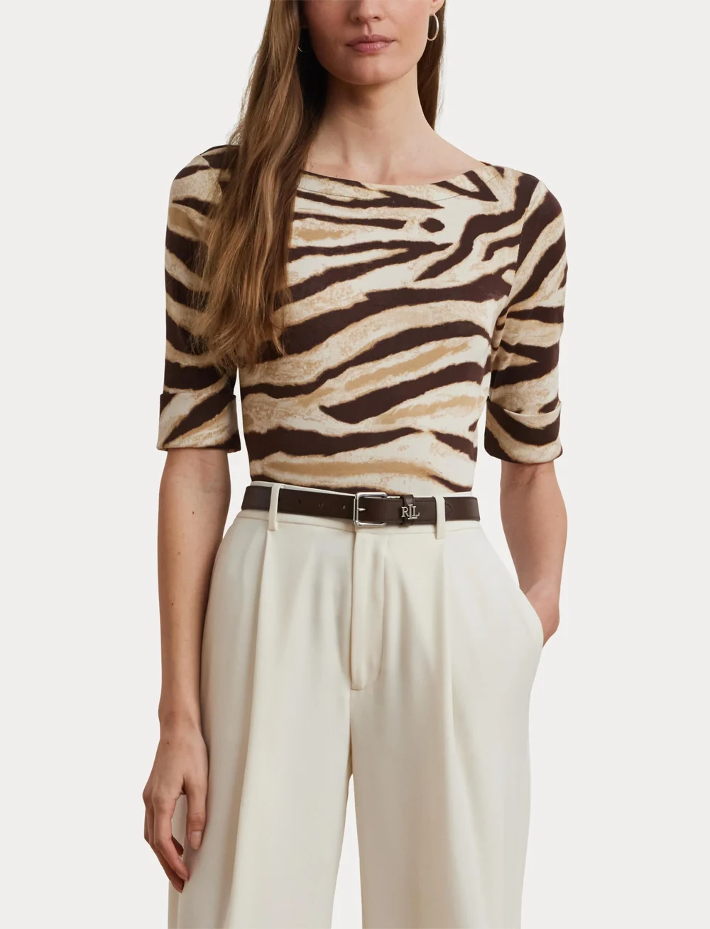 Lauren Ralph Lauren - Zebra-Print Stretch Cotton Boatneck Tee - t-shirts - cream/brown - 5