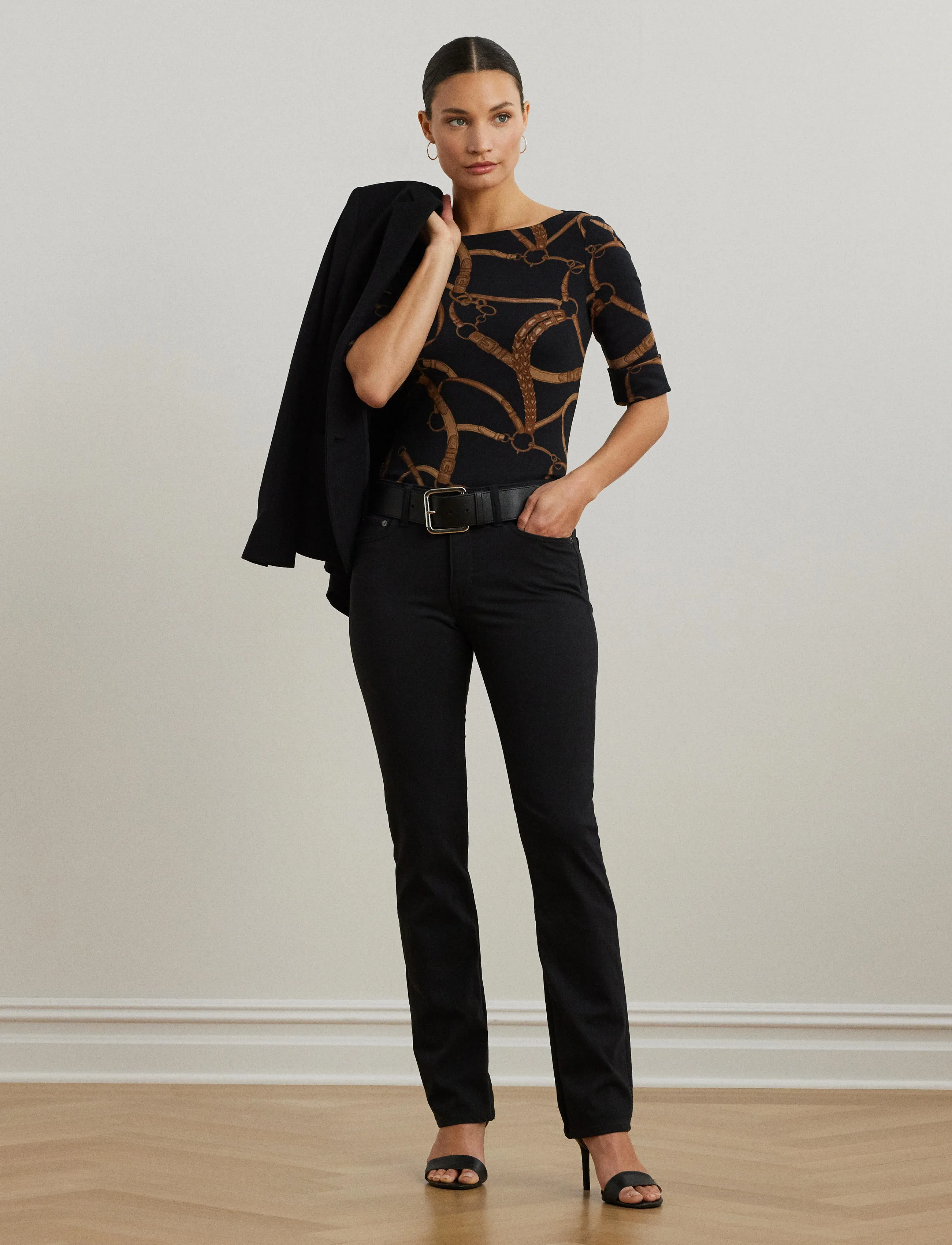 Lauren Ralph Lauren - Belting-Print Cotton-Blend Boatneck Tee - t-shirts - black/tan - 1