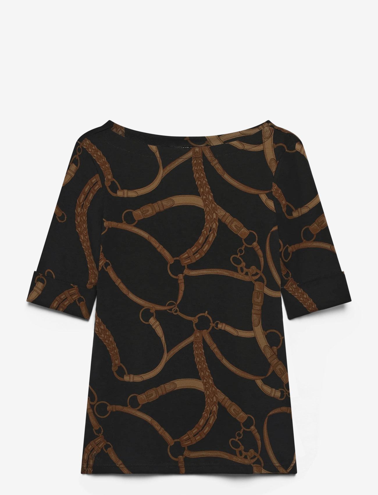 Lauren Ralph Lauren - Belting-Print Cotton-Blend Boatneck Tee - t-shirty - black/tan - 2