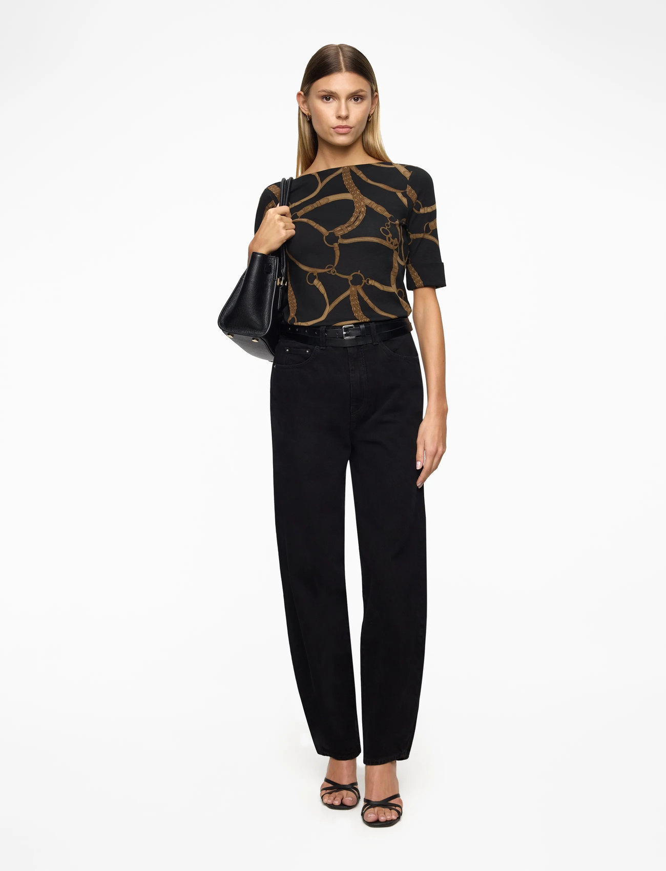 Lauren Ralph Lauren - Belting-Print Cotton-Blend Boatneck Tee - t-shirty - black/tan - 3