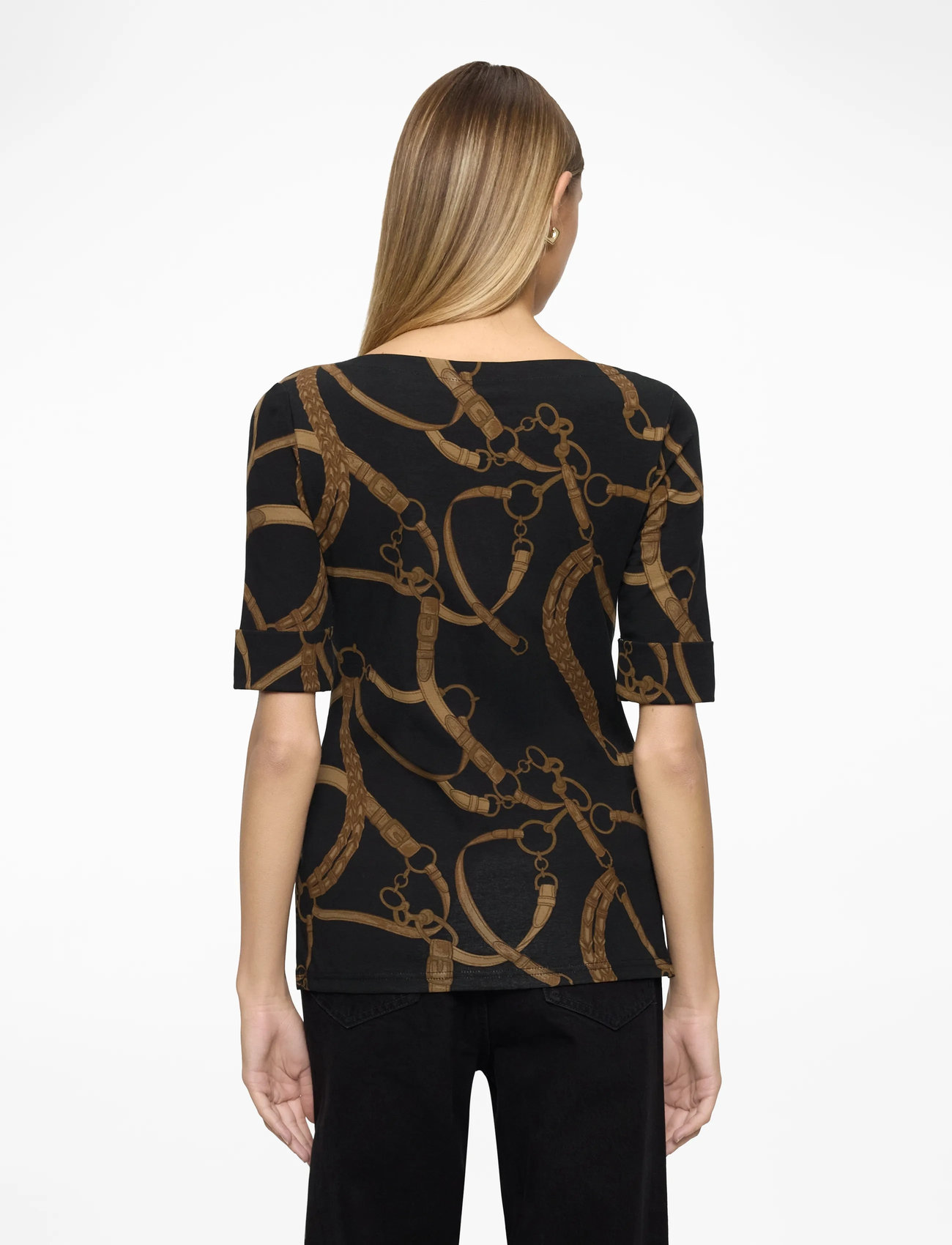 Lauren Ralph Lauren - Belting-Print Cotton-Blend Boatneck Tee - t-shirty - black/tan - 5