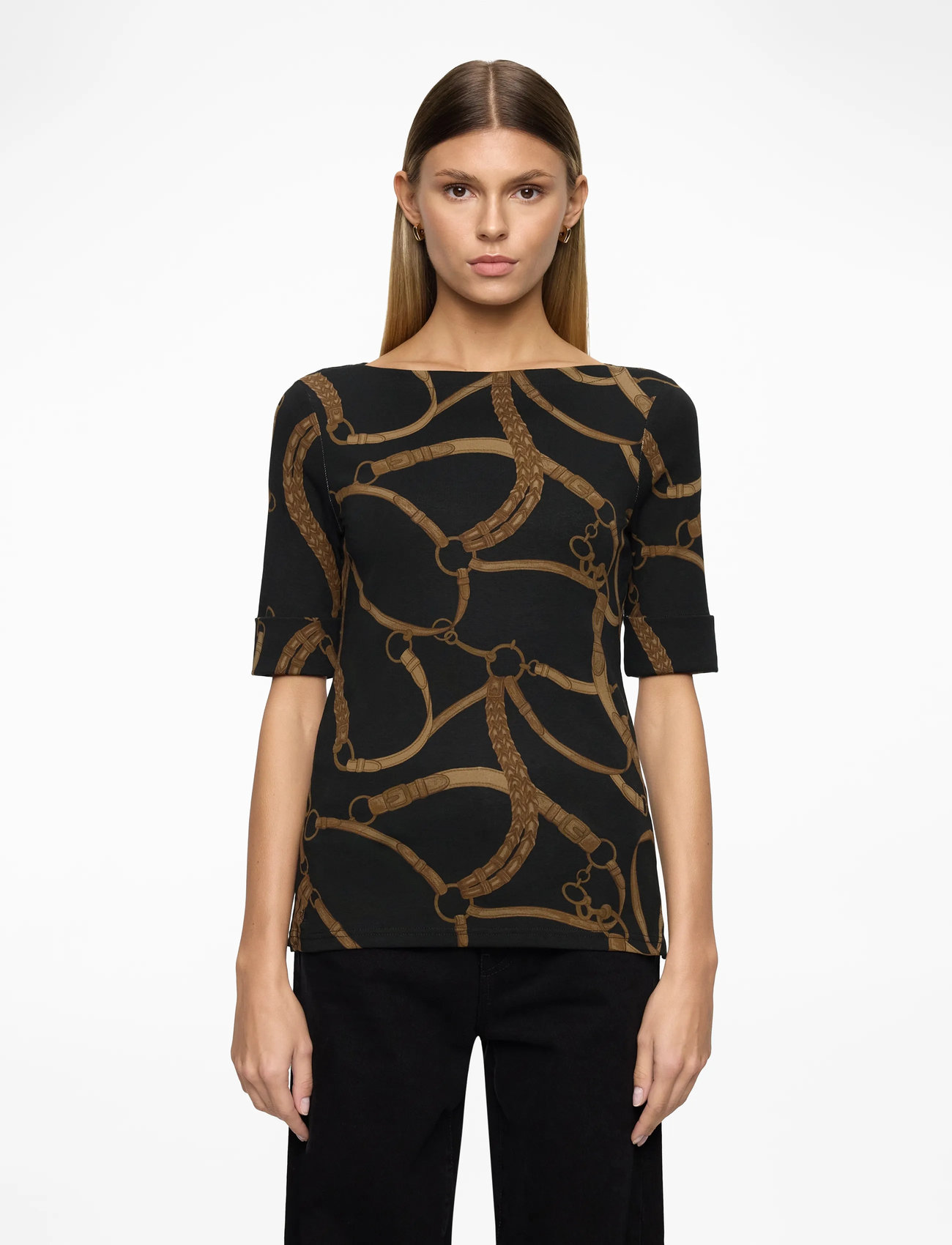 Lauren Ralph Lauren - Belting-Print Cotton-Blend Boatneck Tee - t-shirty - black/tan - 0
