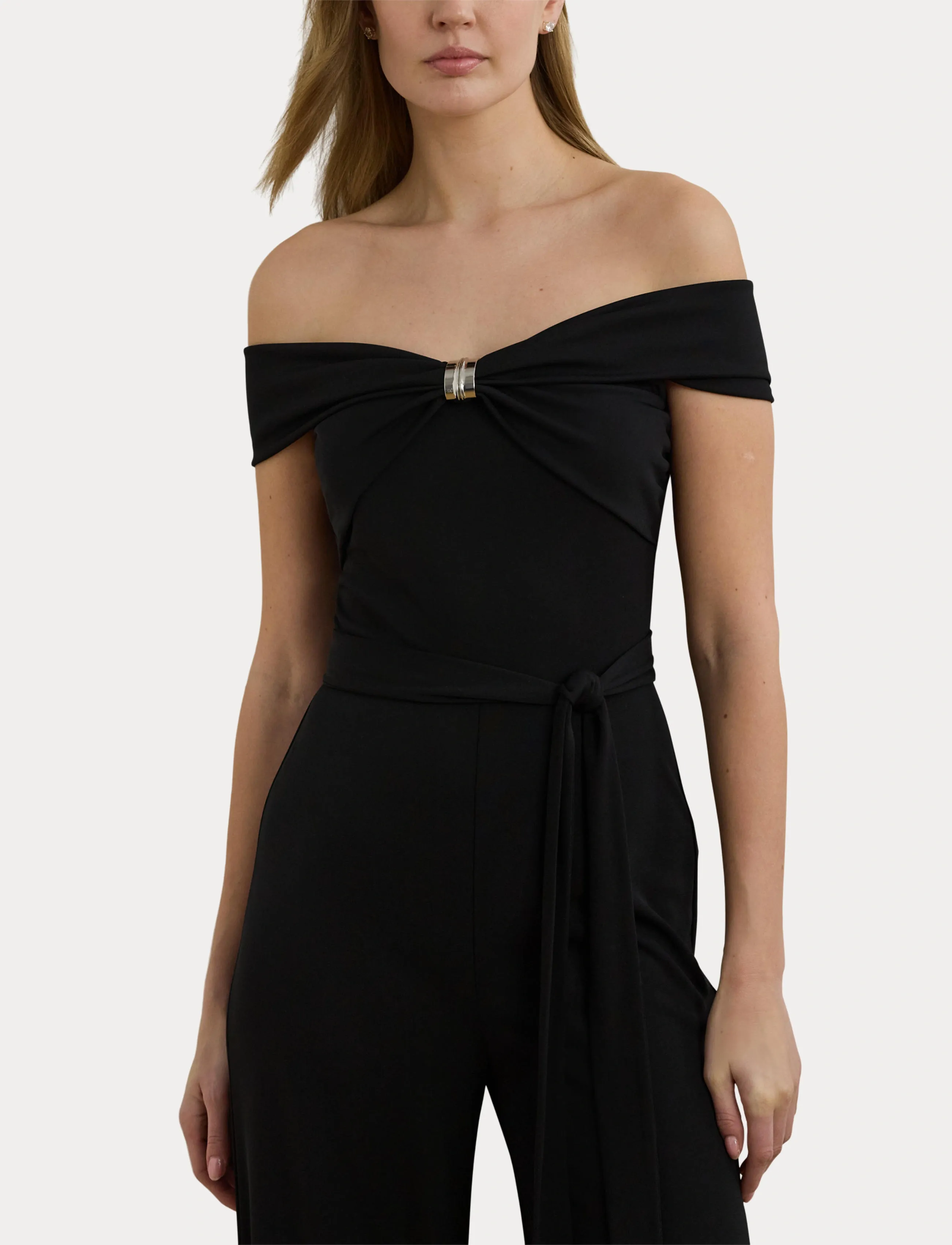 Lauren Ralph Lauren - Belted Jersey Off-the-Shoulder Jumpsuit - jumpsuits - black - 5