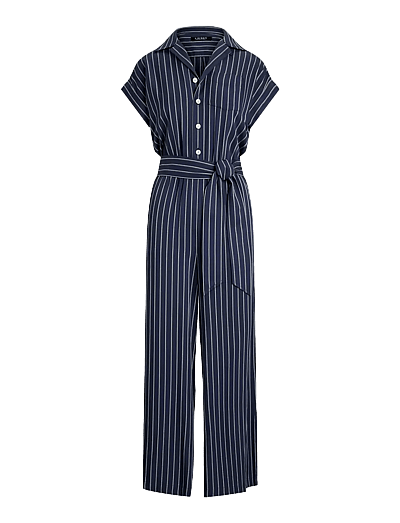 Striped Belted Twill Wide-Leg Jumpsuit