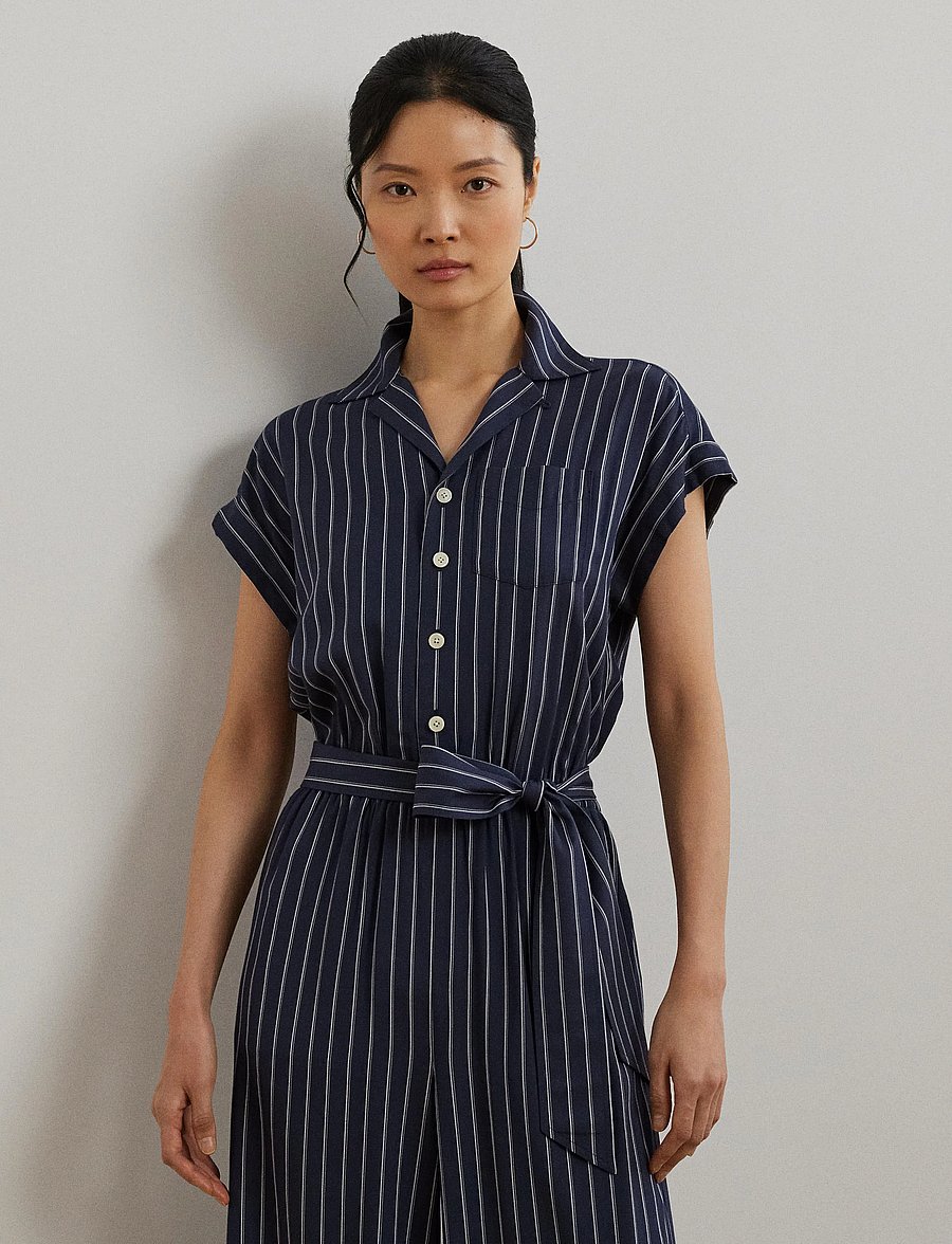 Lauren Ralph Lauren - Striped Belted Twill Wide-Leg Jumpsuit - shadow navy/white - 0