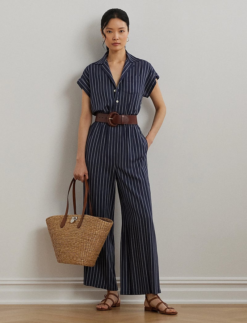 Lauren Ralph Lauren - Striped Belted Twill Wide-Leg Jumpsuit - shadow navy/white - 2