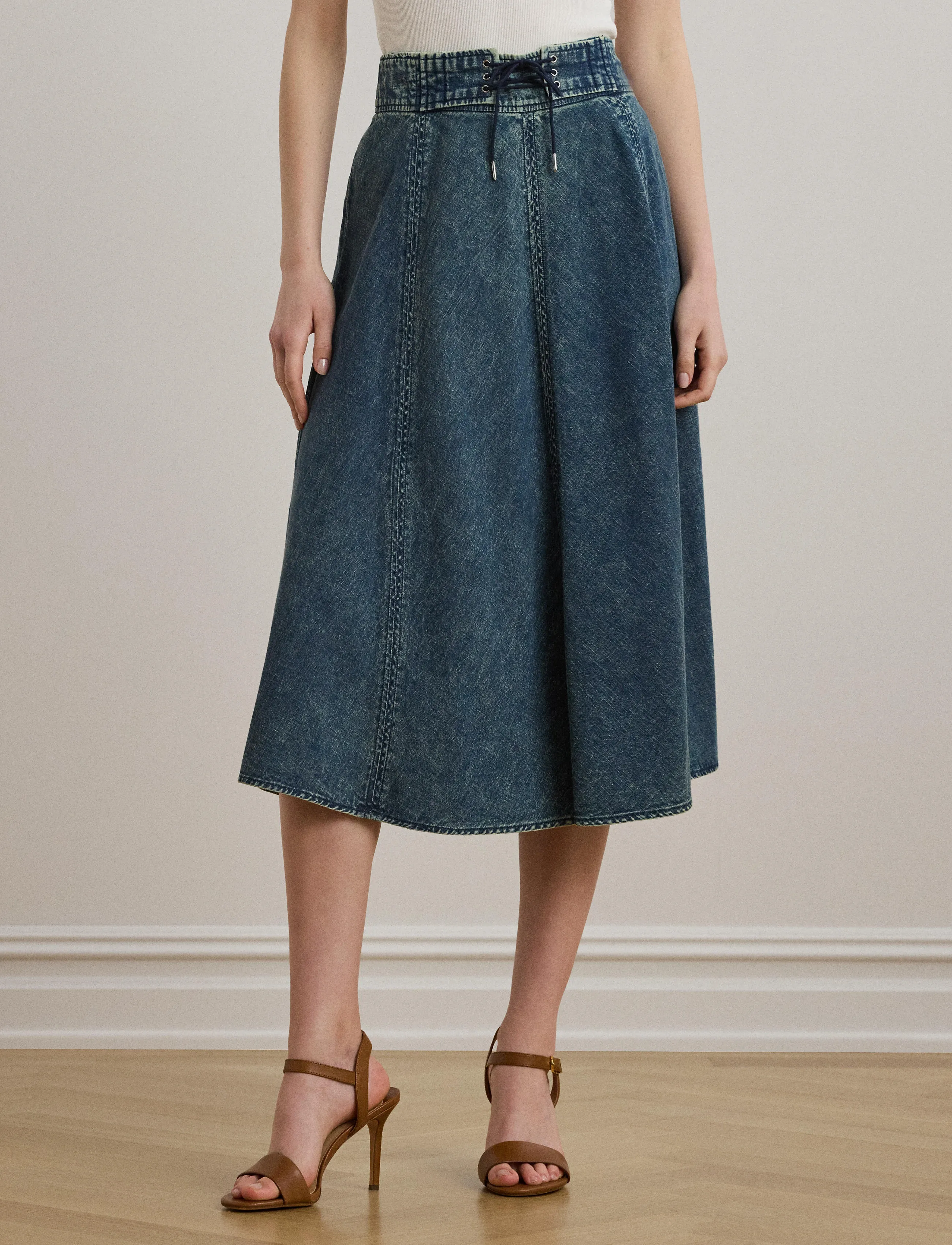 Lauren Ralph Denim Drawcord Midi Skirt, 32, Röcke, Blau - Knee-length & Frauen