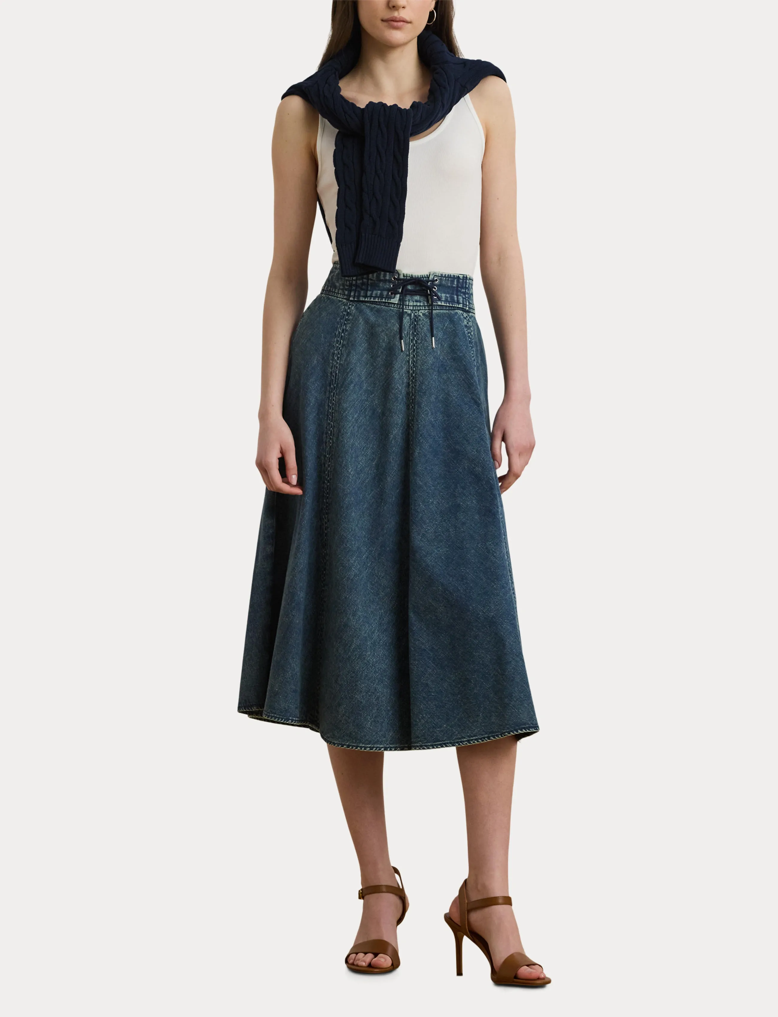 Lauren Ralph Lauren - Denim Drawcord Midi Skirt - teksaseelikud - haze wash - 4