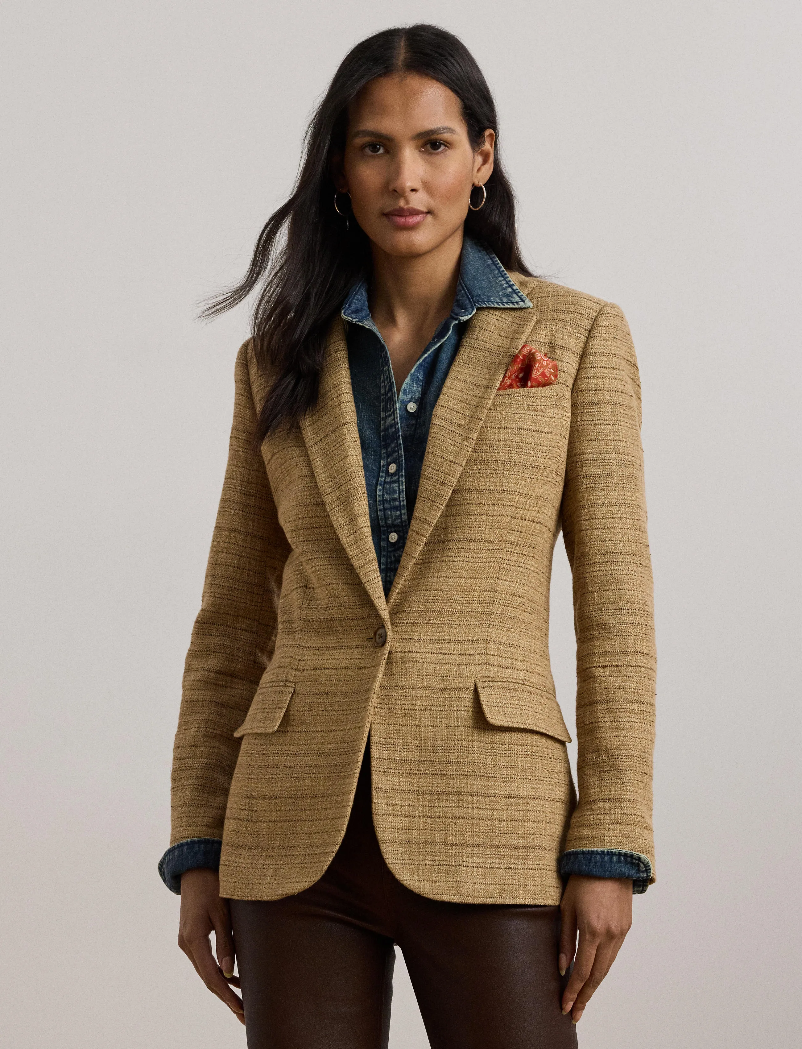 Lauren Ralph Lauren - Herringbone Linen-Blend Tweed Blazer - new tan/brown mul - 3
