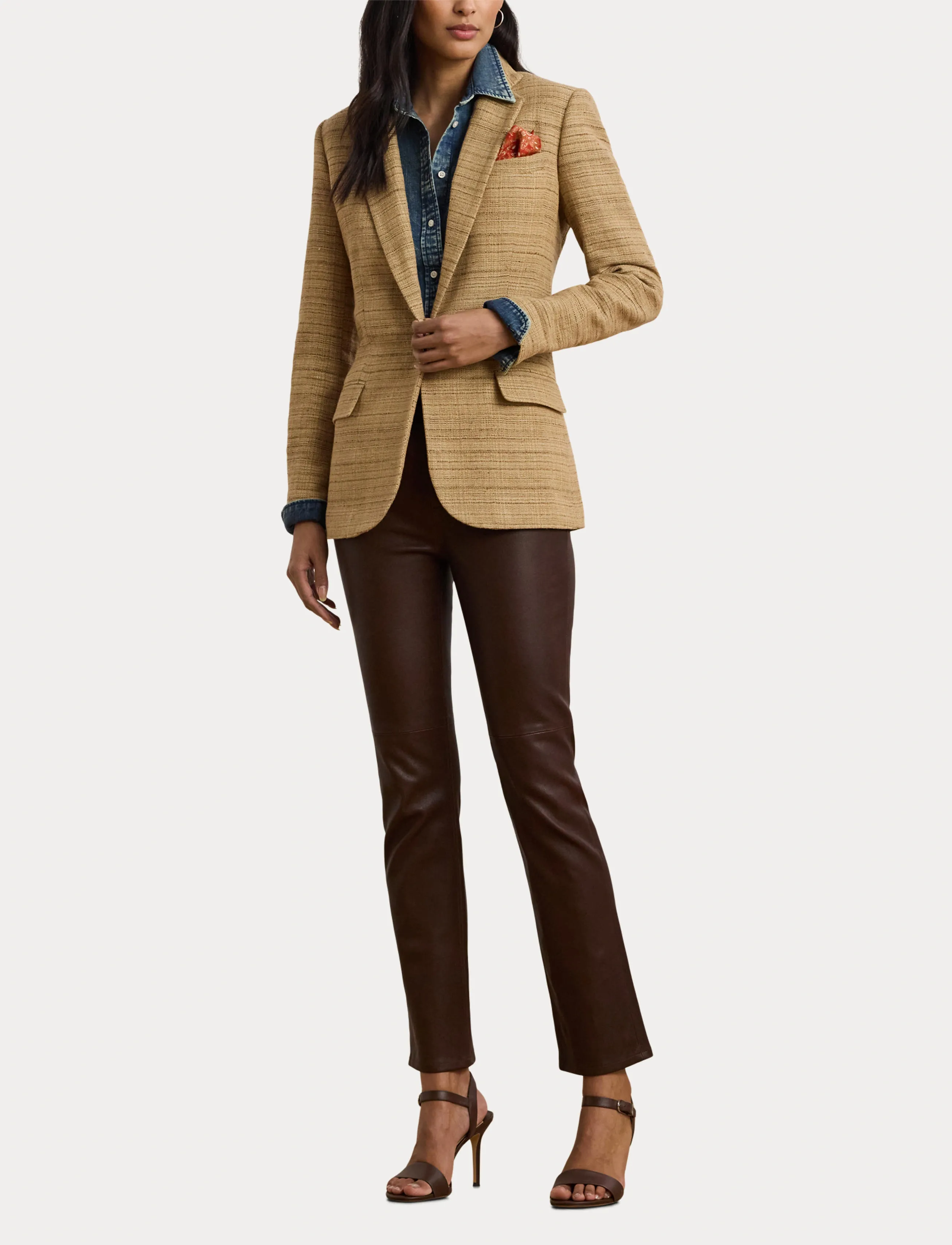 Lauren Ralph Lauren - Herringbone Linen-Blend Tweed Blazer - new tan/brown mul - 4
